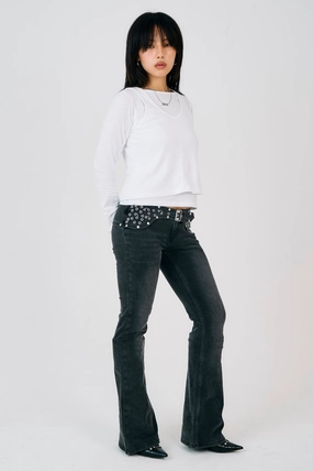 Washed Black Charlotte Bootcut Jeans Vintage Inspired Weave Minimal Shrinkage Fabric