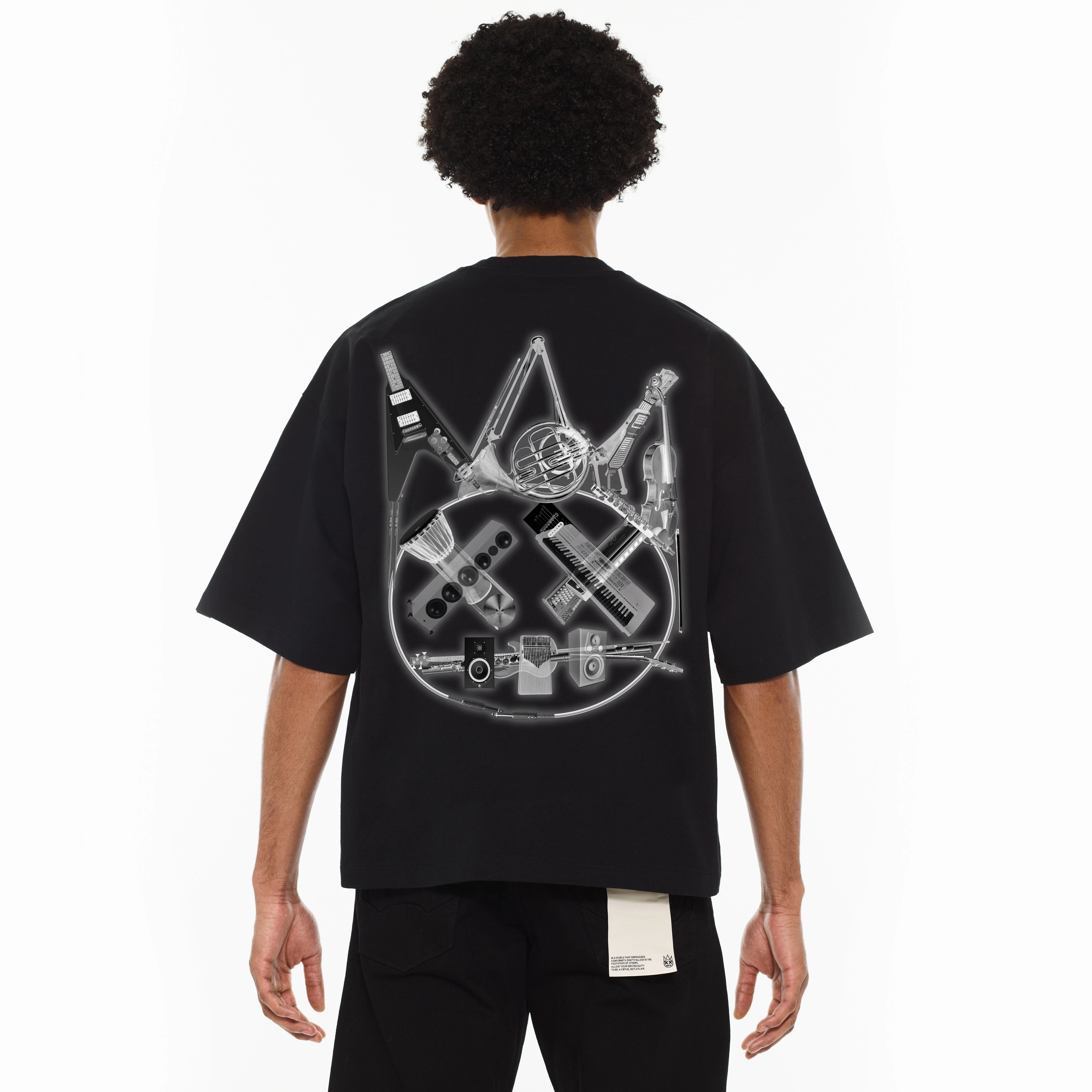 Fun and Relaxed Cult's Oversized Heavyweight Boxy Short Sleeve Crew Neck Tee "Instruments" in Black