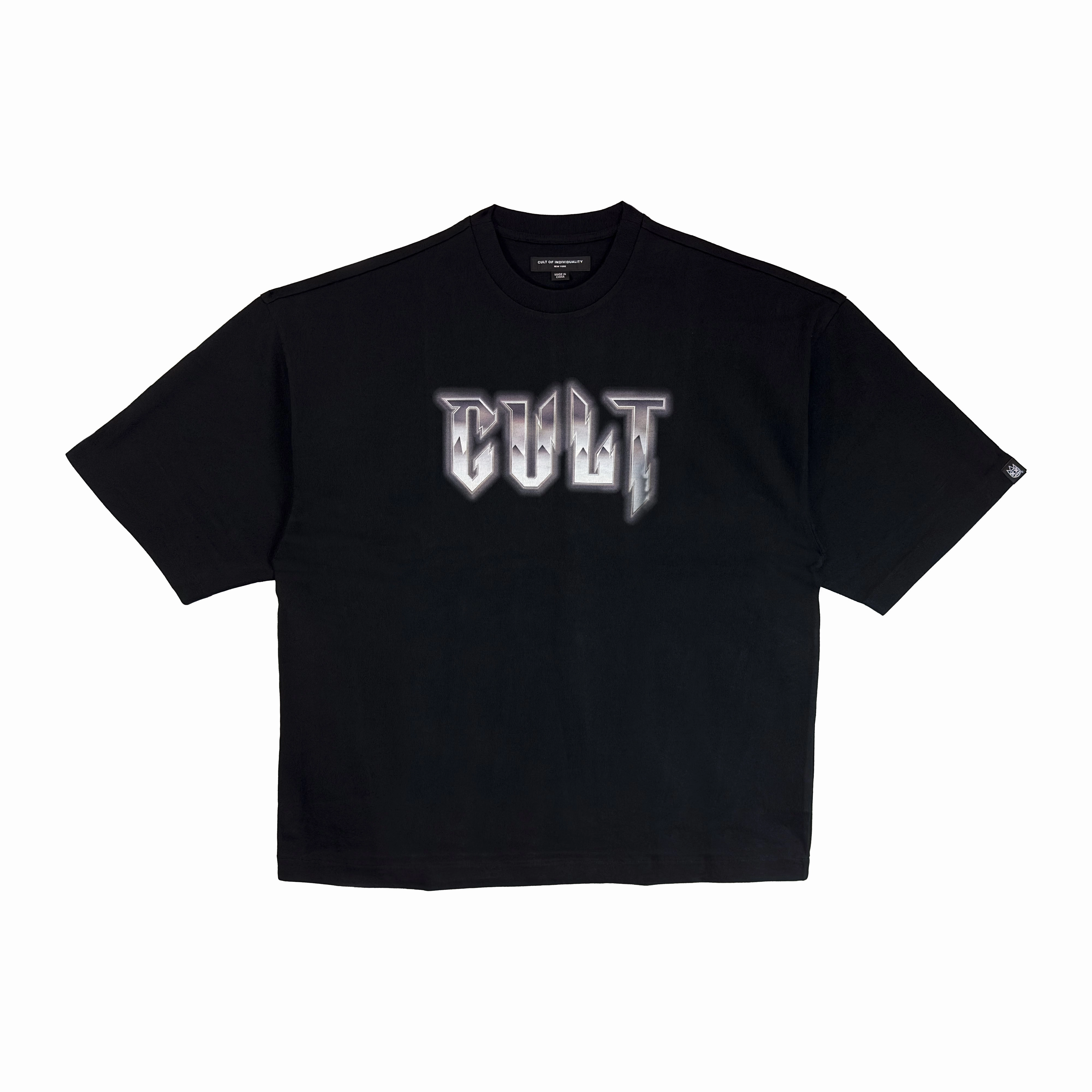 cotton material SustainableManufacturing Cult's Oversized Heavyweight Boxy Short Sleeve Crew Neck Tee "Instruments" in Black