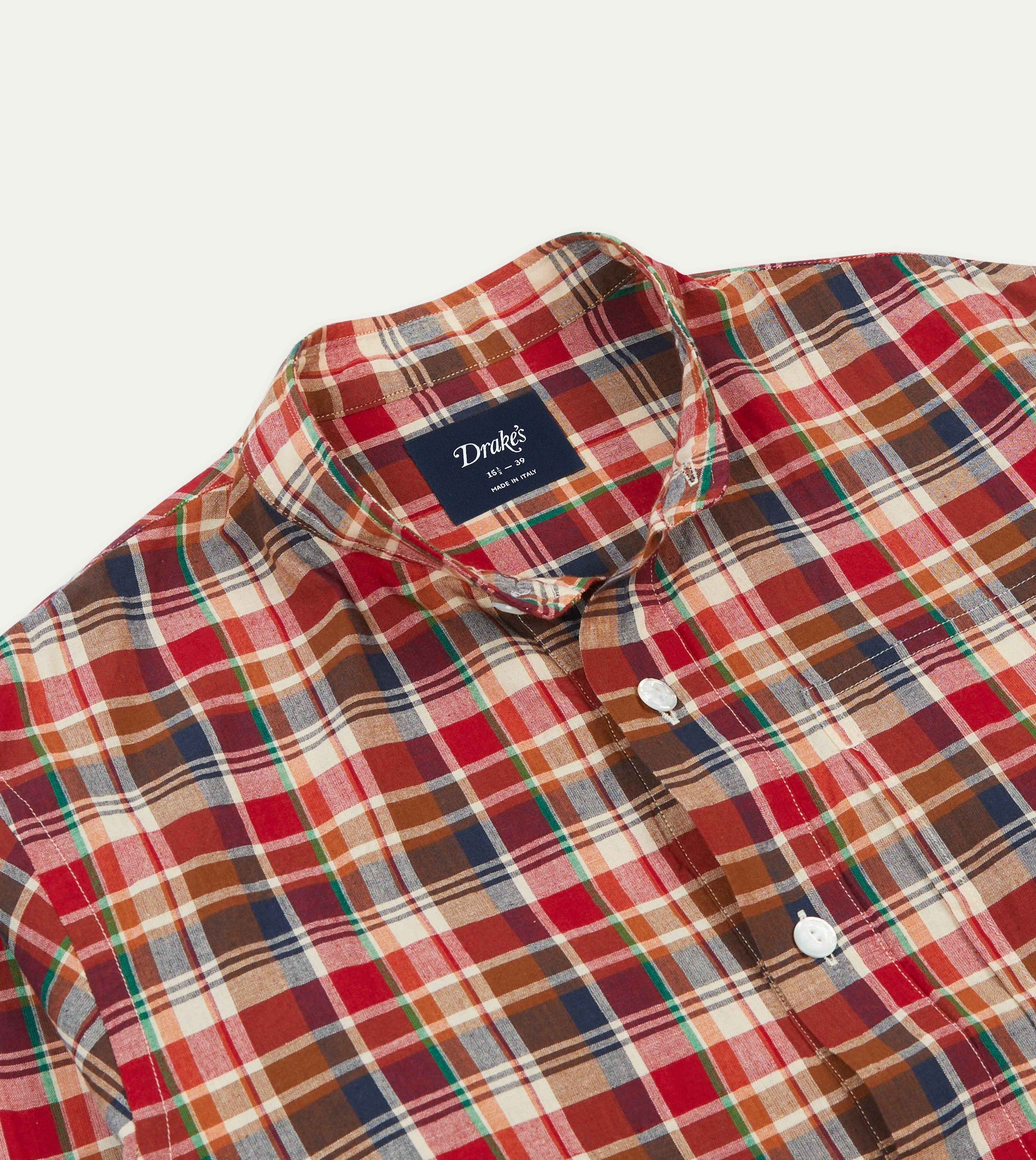 Odor Resistant Anniversary Celebration Brown, Navy and Red Madras Check Cotton Mandarin Collar Popover Shirt