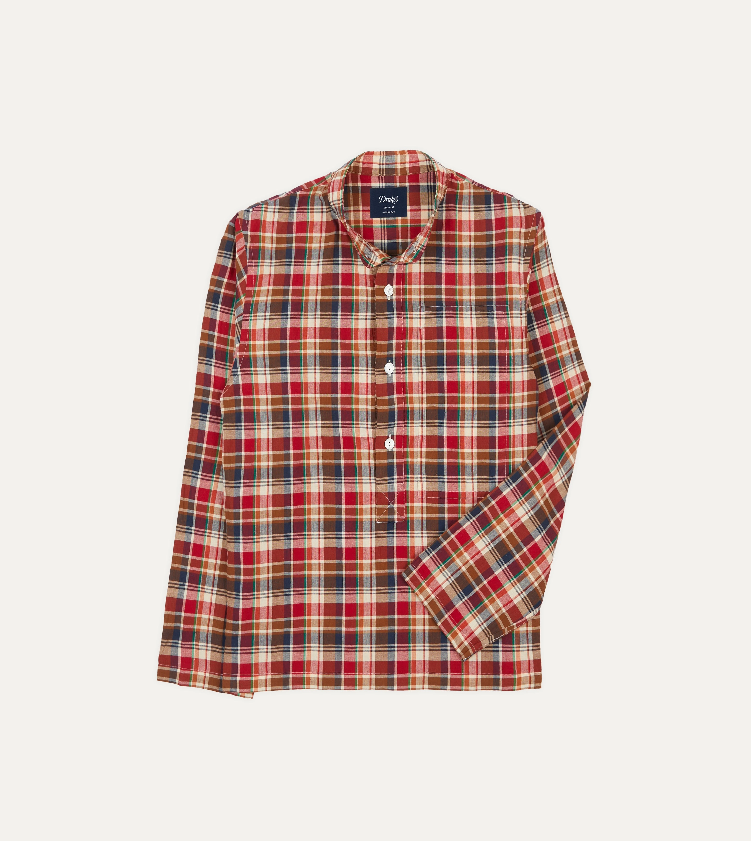 Brown, Navy and Red Madras Check Cotton Mandarin Collar Popover Shirt Travel-friendly Quick Release Placket