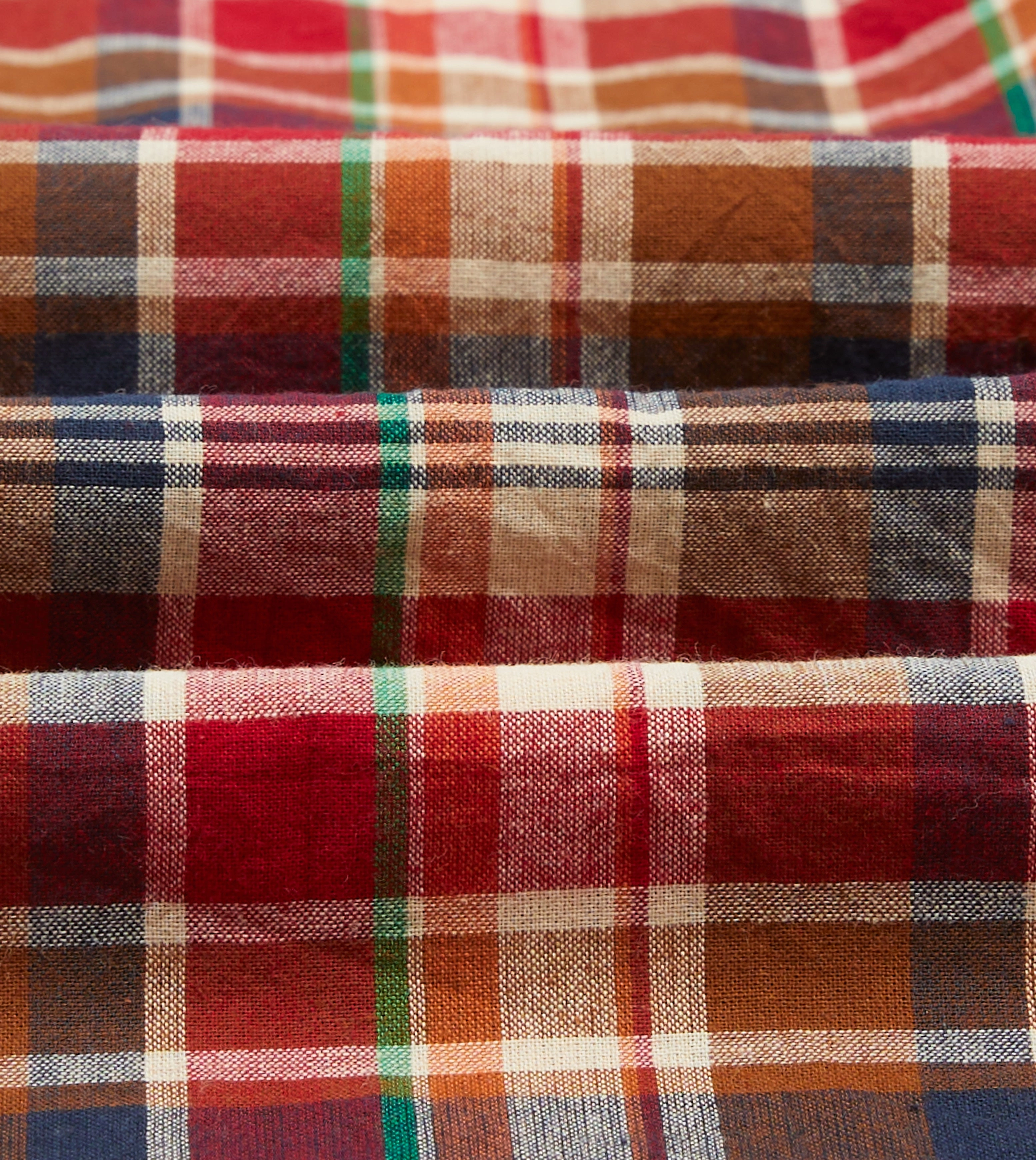 Fashion Essential Brown, Navy and Red Madras Check Cotton Mandarin Collar Popover Shirt