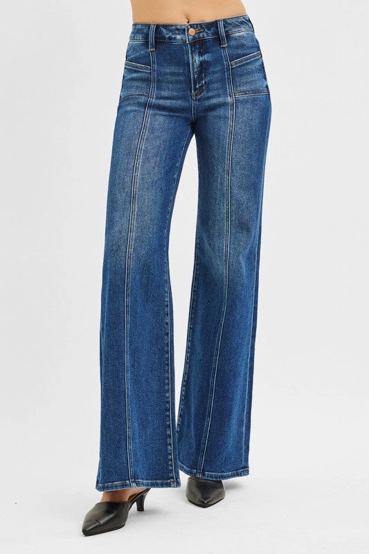 Classic Item Risen Jeans Mid Rise Wide Jeans With Front Patch Pocket