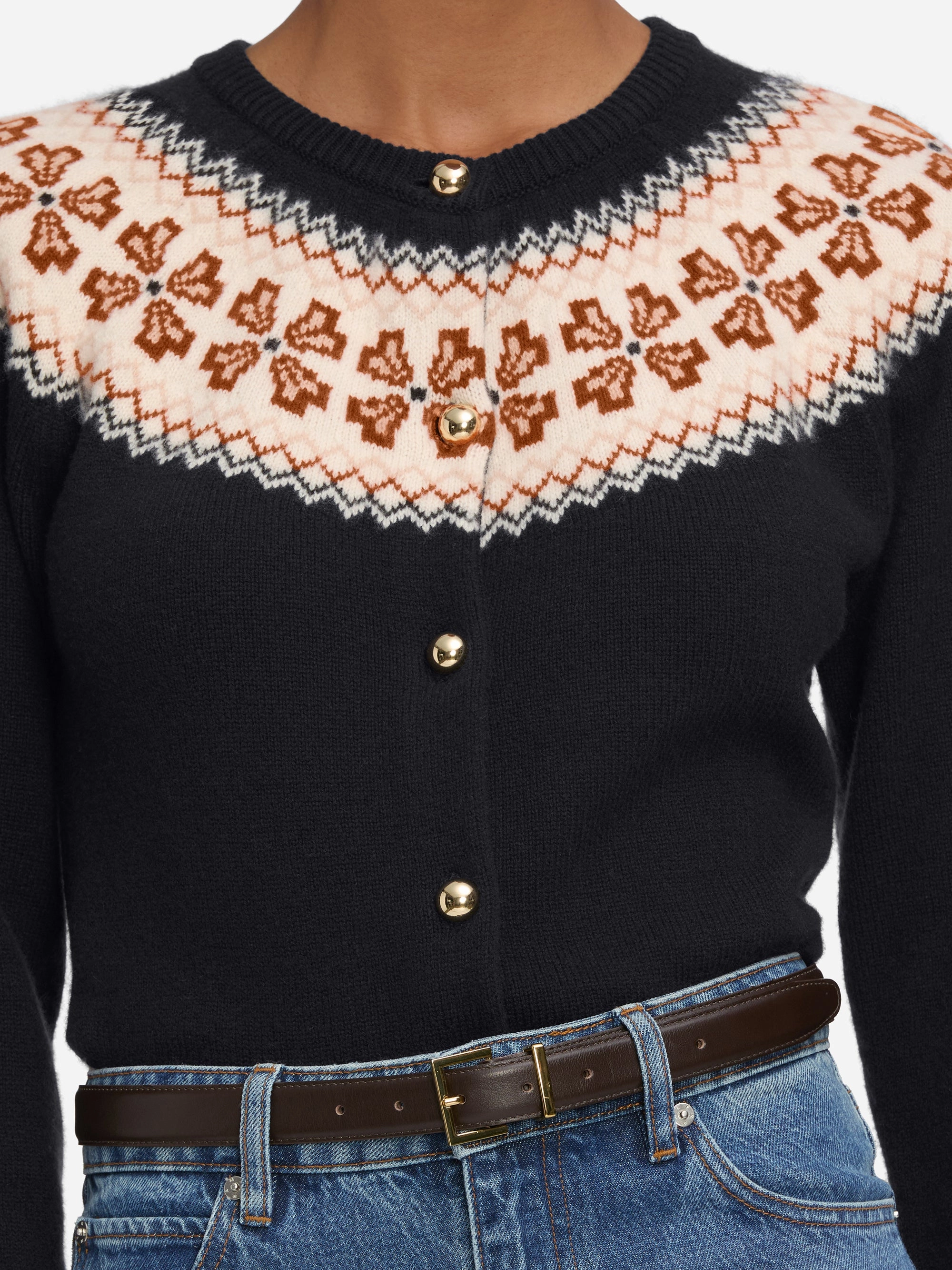 The Cashmere Fairisle Cardi -- Navy Classic Crew Neck