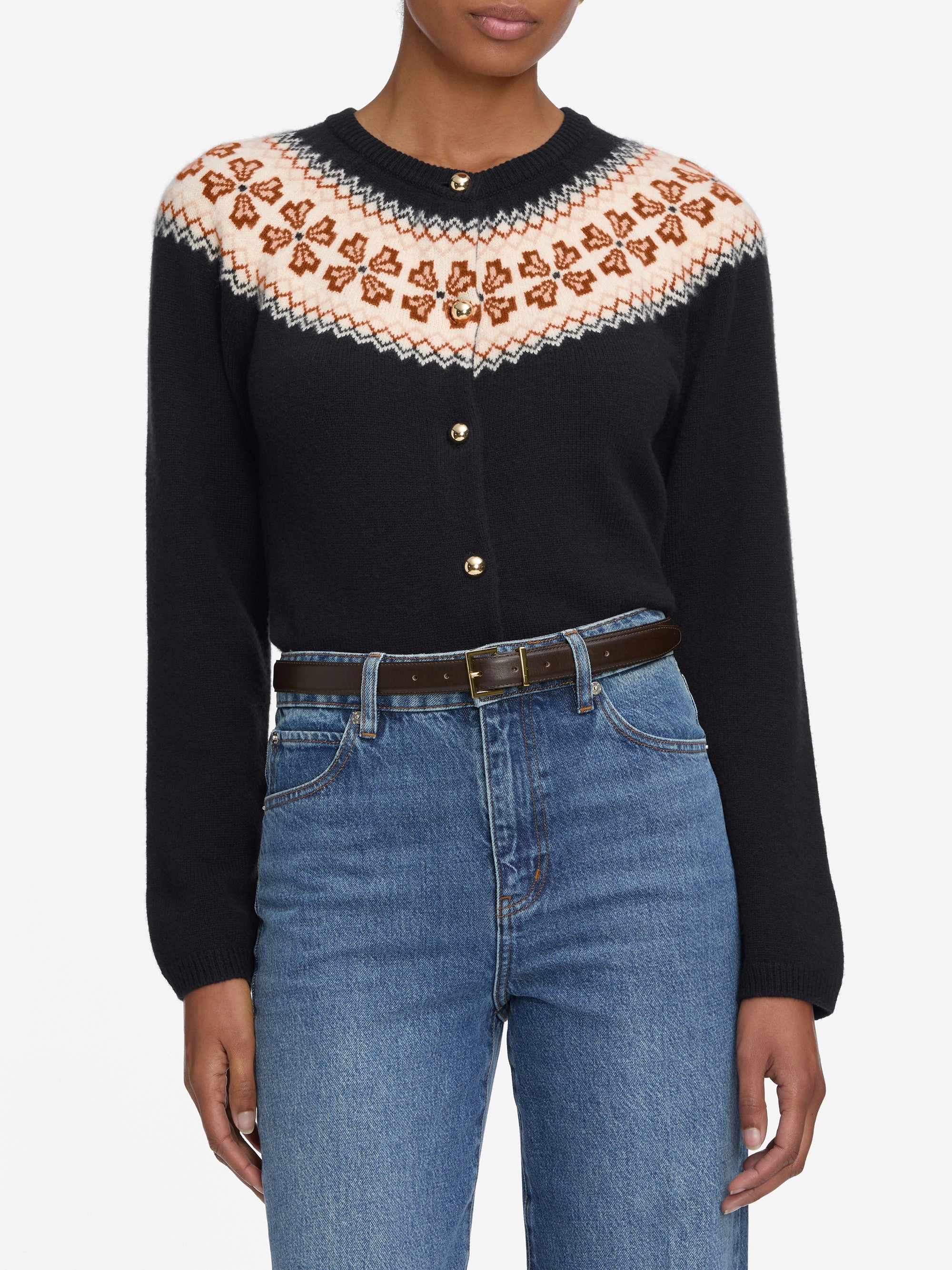 Relaxed Comfort Design The Cashmere Fairisle Cardi -- Navy