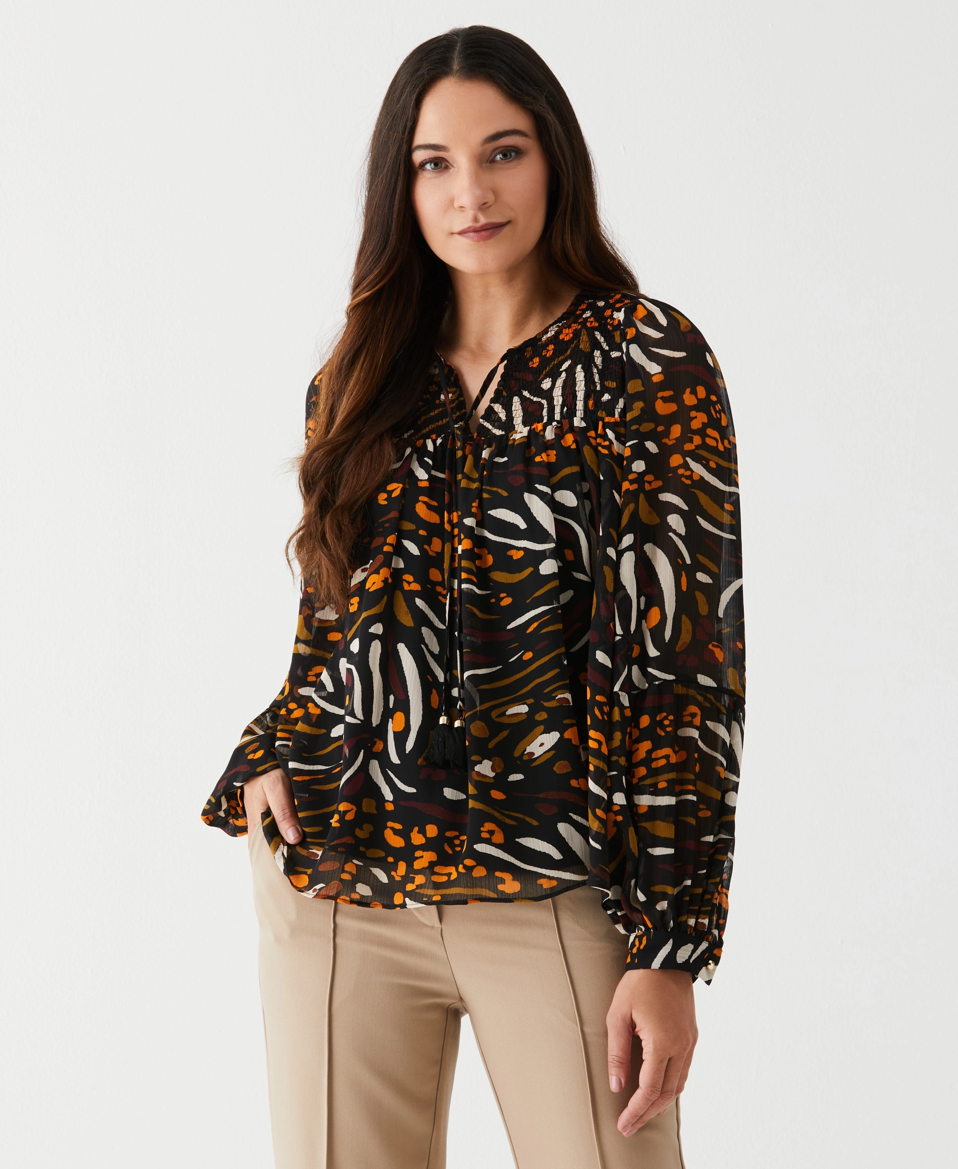 Animal Print Smocked Split Neck Blouse Winter Must-Have Wear Knitted Design