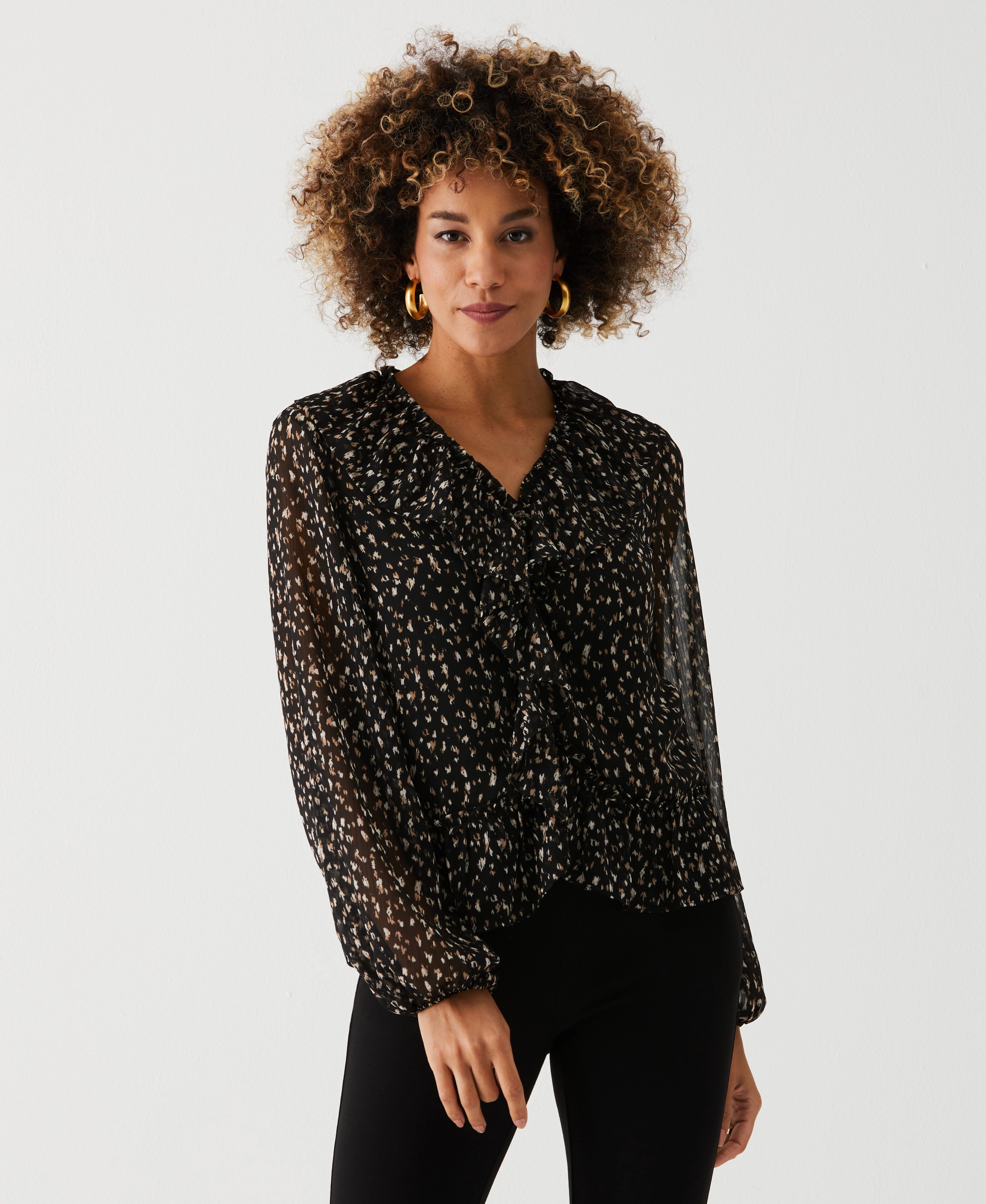Knit Layers Quick Wear Animal Print V-Neck Ruffle Blouse