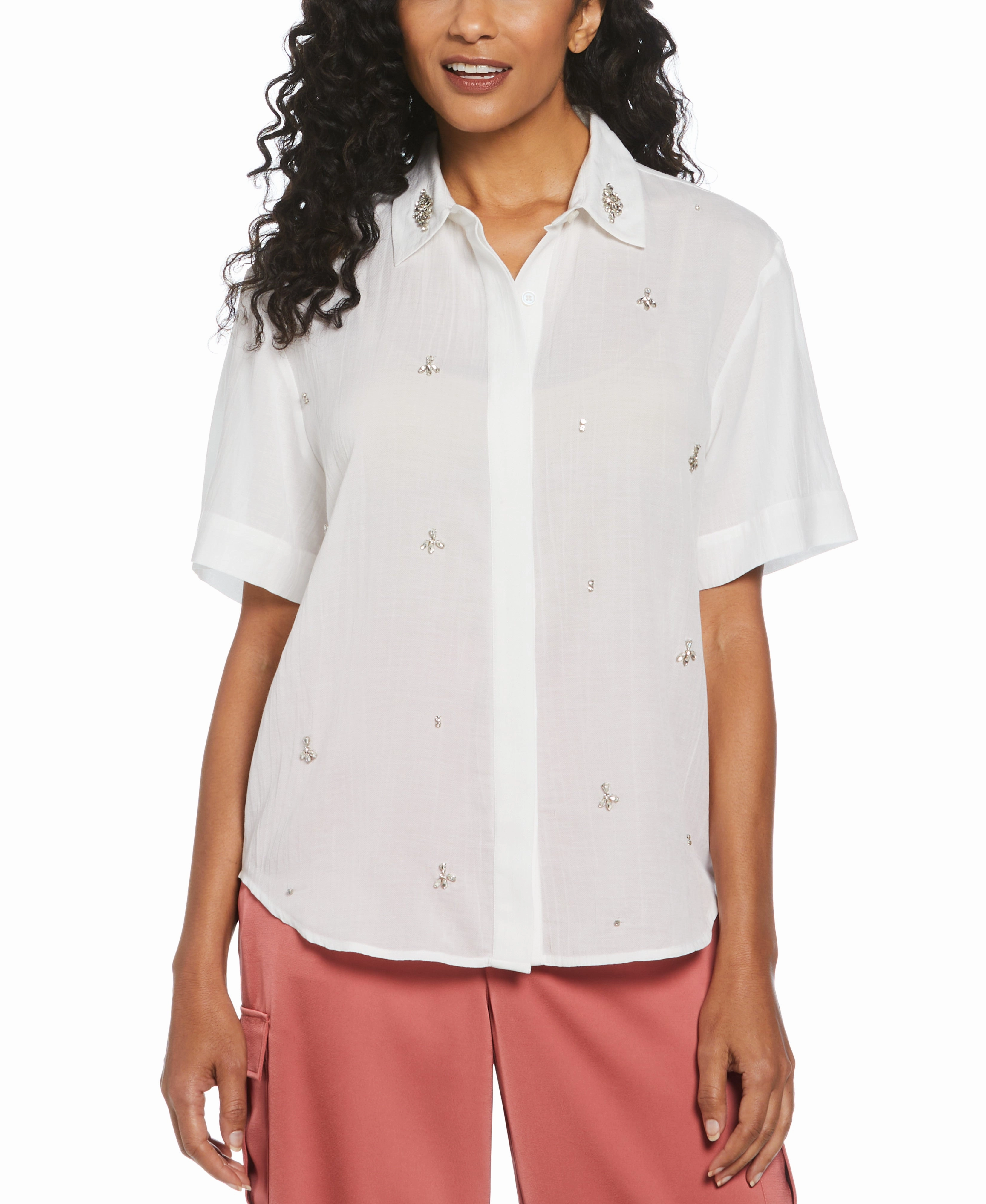 Stretch Fit Rhinestone Embellished Relaxed Blouse