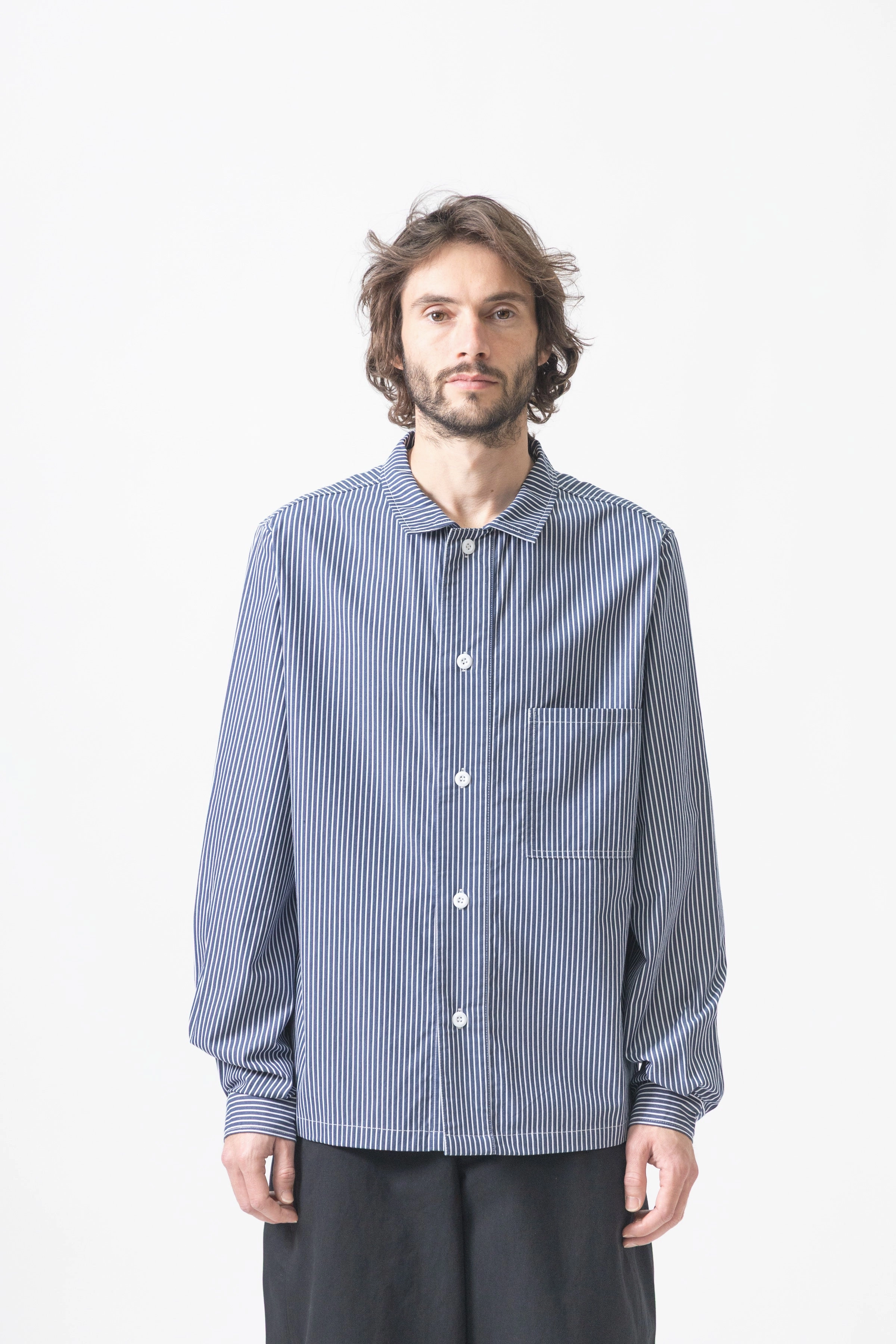 Blacksmith - 'Boxford' Utility Shirt - Thick Navy Stripe Double Needle Stitching Tuckable Hem