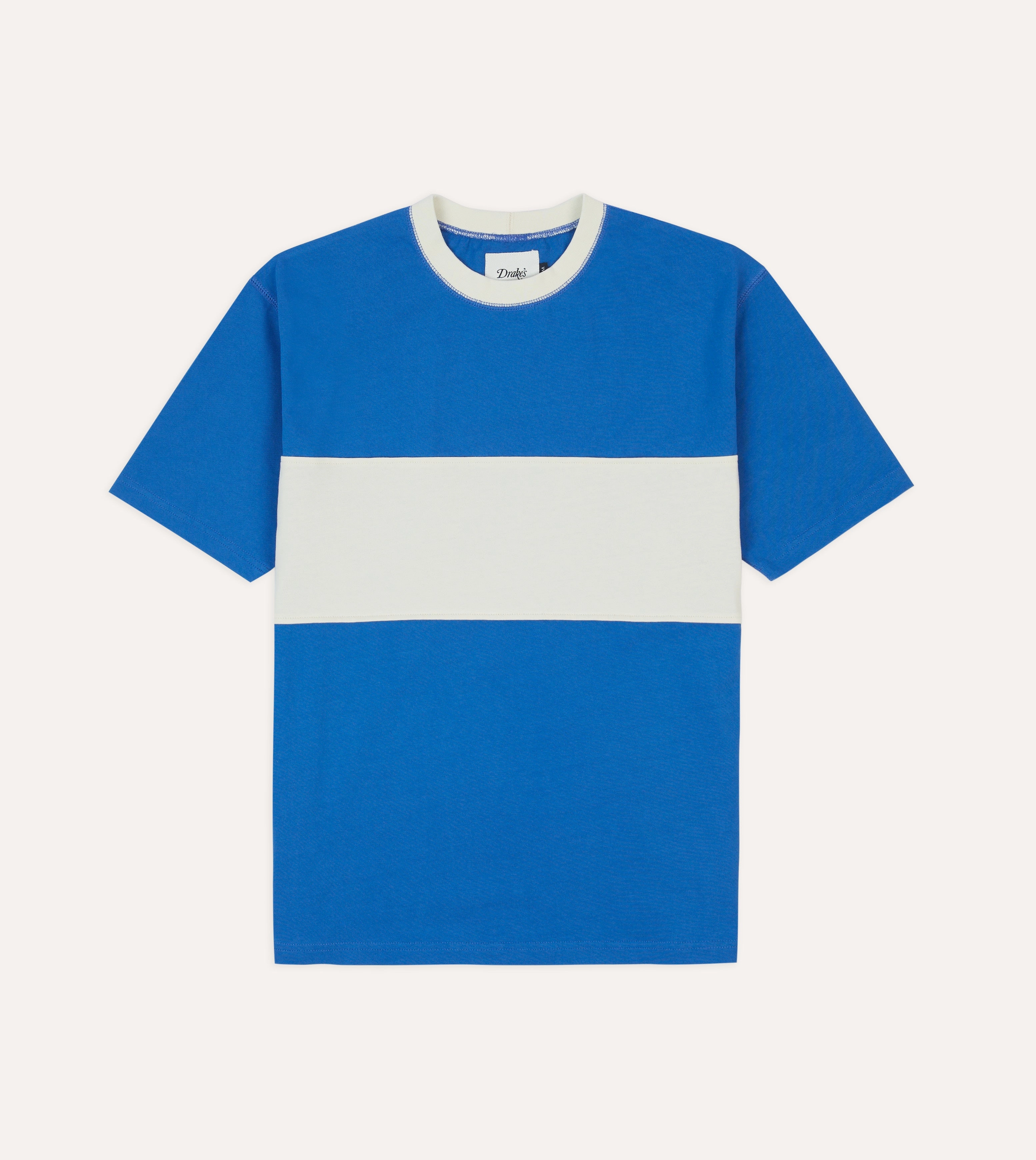 Blue and Ecru Panel Stripe Cotton Crew Neck Hiking T-Shirt Sleek Design Fit Perfect Style