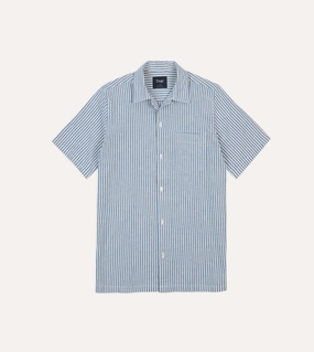 Bold Graphics Casual Wear Blue and White Stripe Cotton-Linen Camp Collar Short Sleeve Shirt