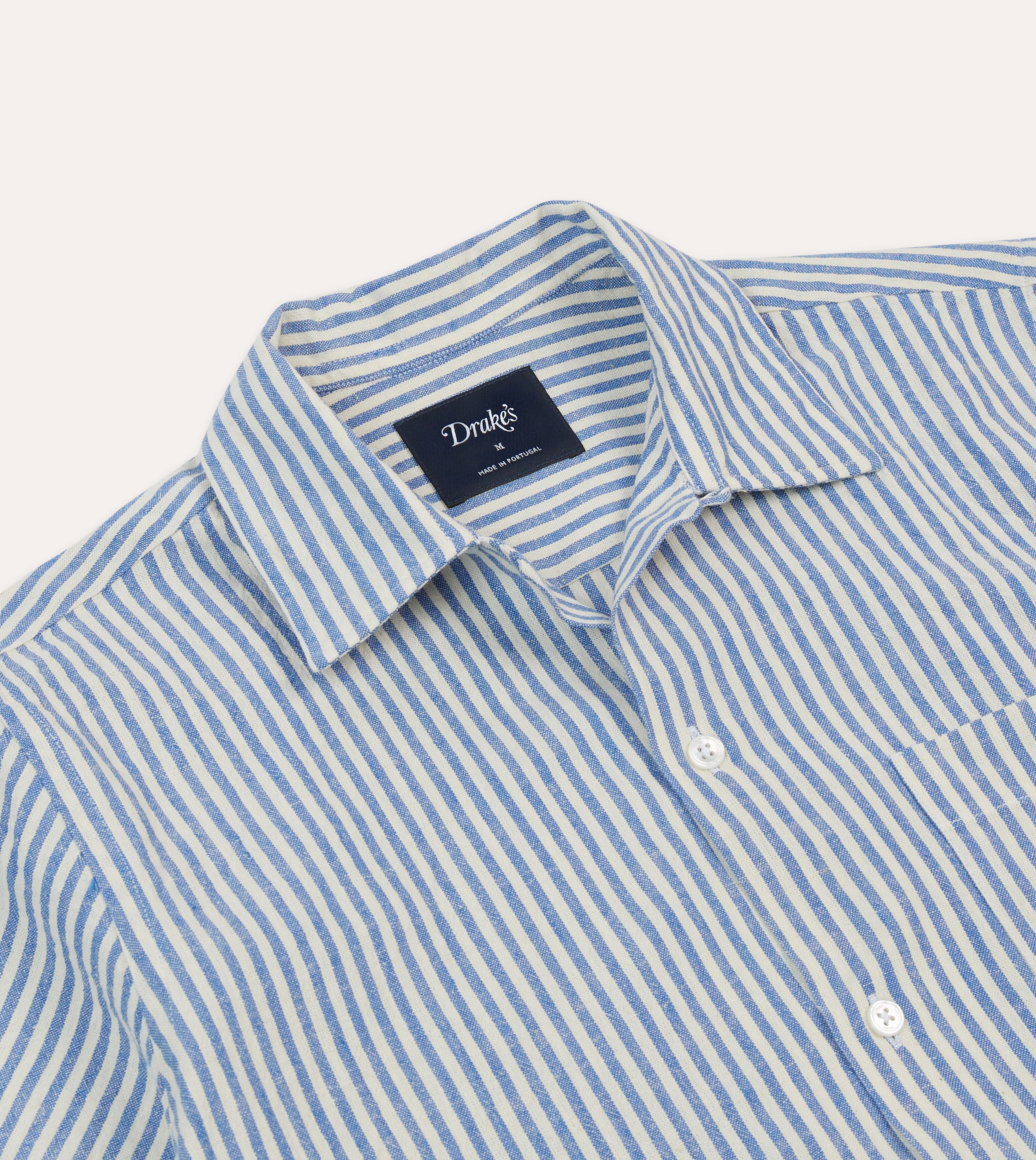 Blue and White Stripe Cotton-Linen Camp Collar Short Sleeve Shirt Quick Release Cuffs Comfy Design