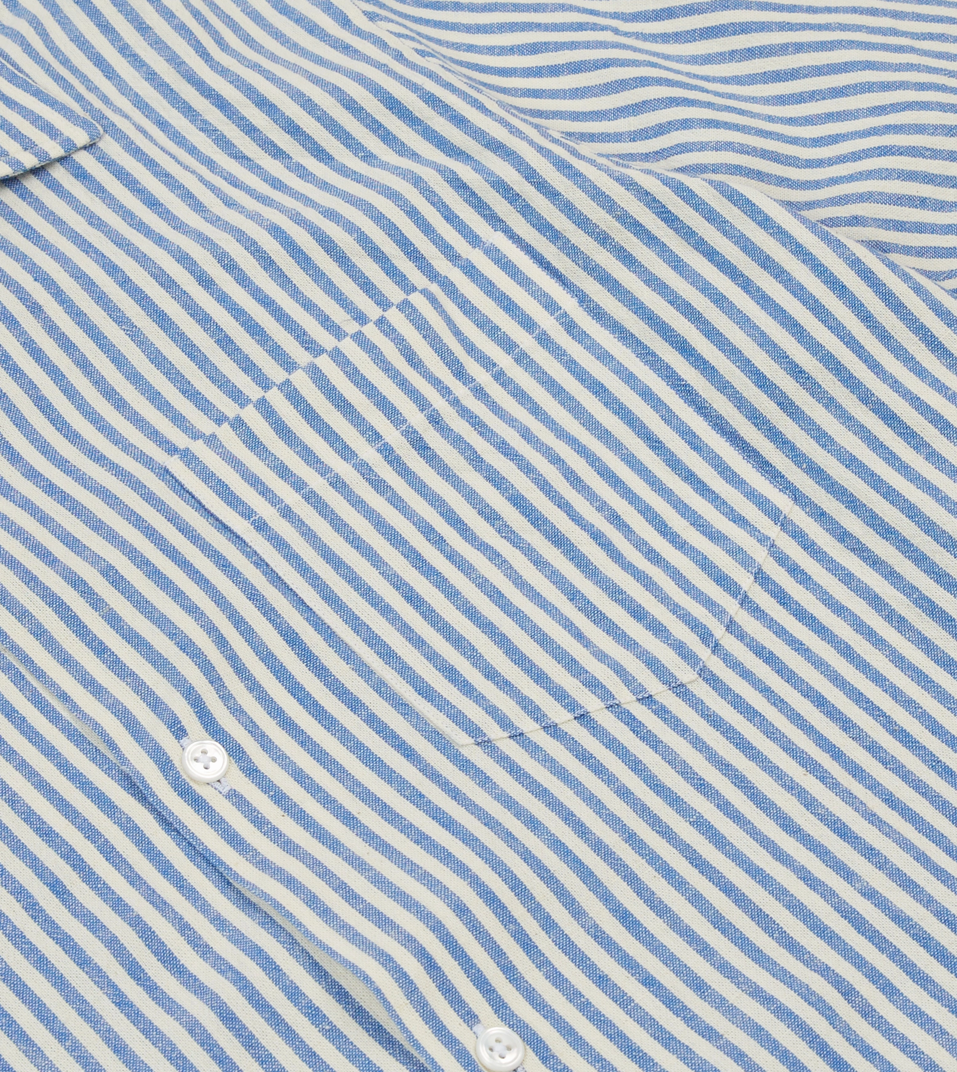 Blue and White Stripe Cotton-Linen Camp Collar Short Sleeve Shirt Brushed Inner Lining