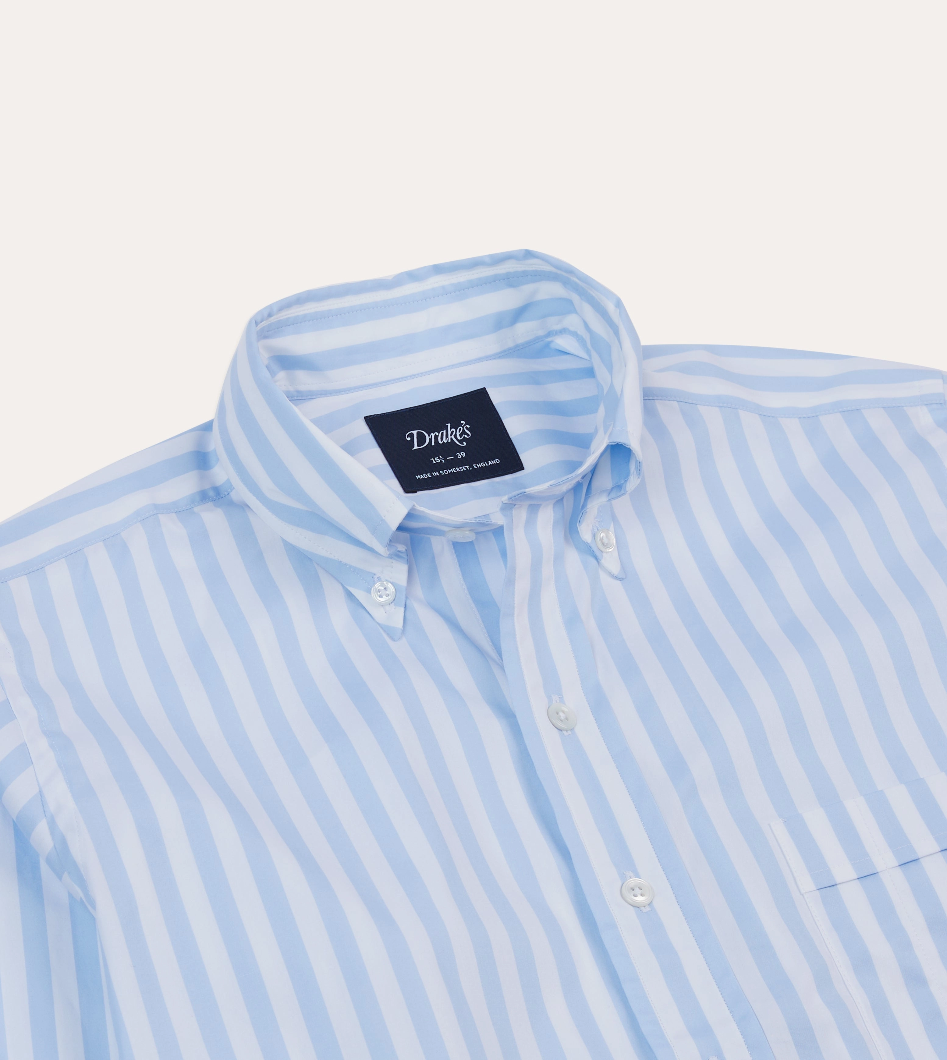 Blue Broad Stripe Cotton Poplin Button-Down Shirt Relaxed Design Flexible Placket Structure