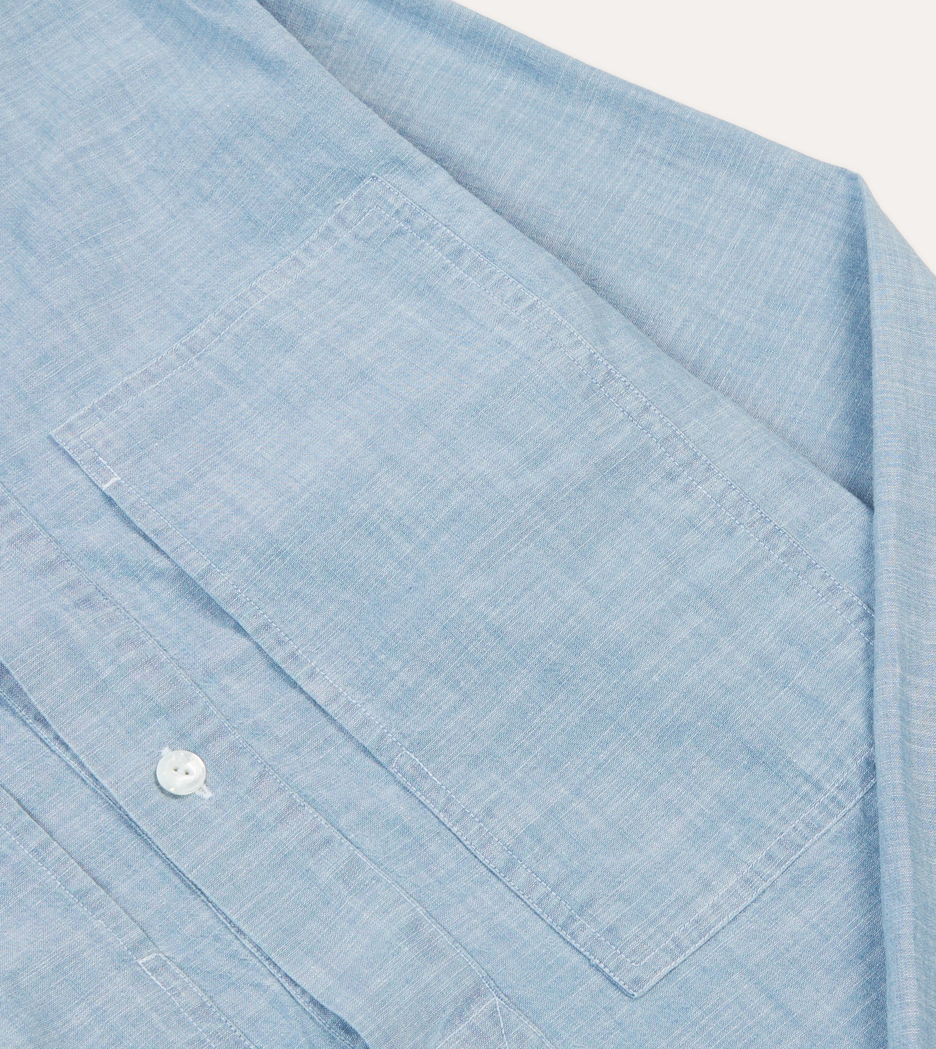 Blue Cotton Chambray Spread Collar Popover Shirt Streamlined Design Tuckable Hem