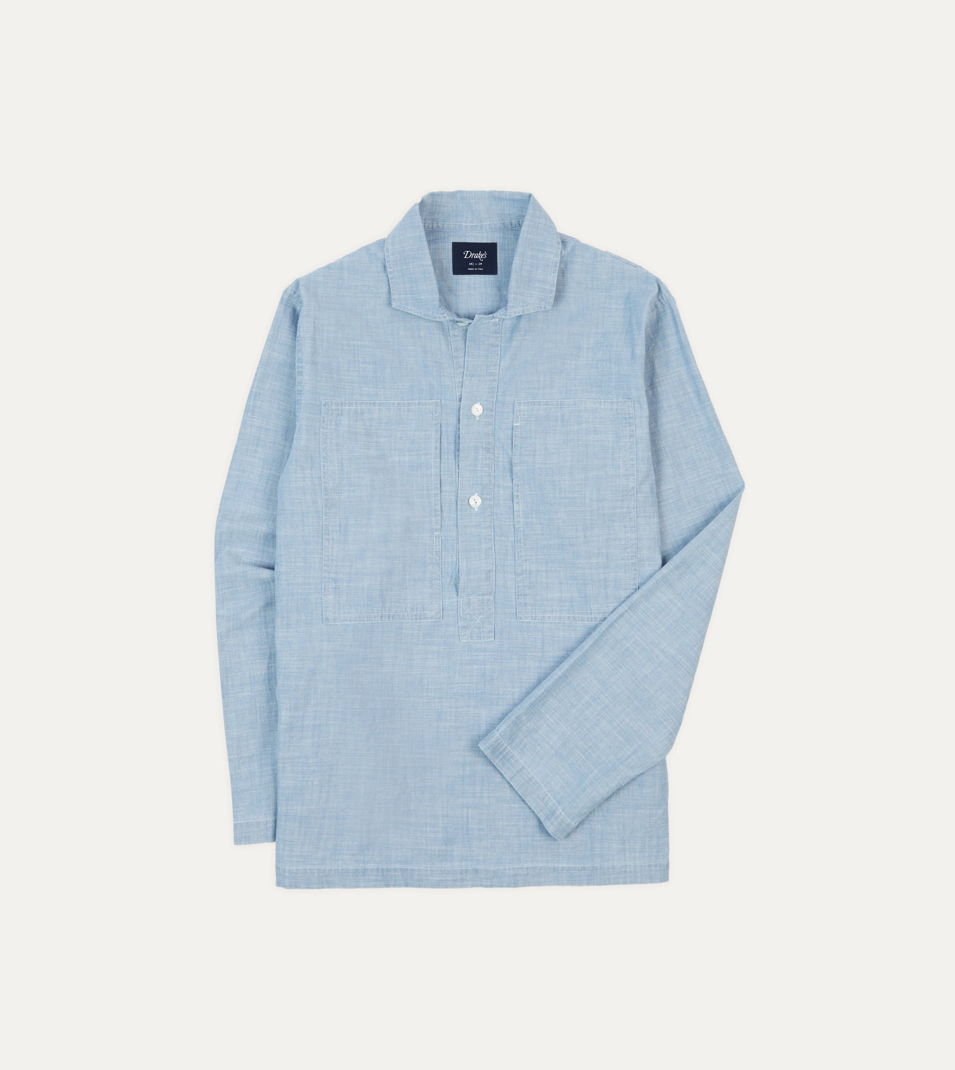 Effortless Comfort Blue Cotton Chambray Spread Collar Popover Shirt