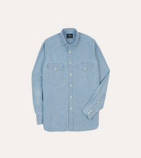 Trendy Outfit Blue Cotton Chambray Two-Pocket Work Shirt