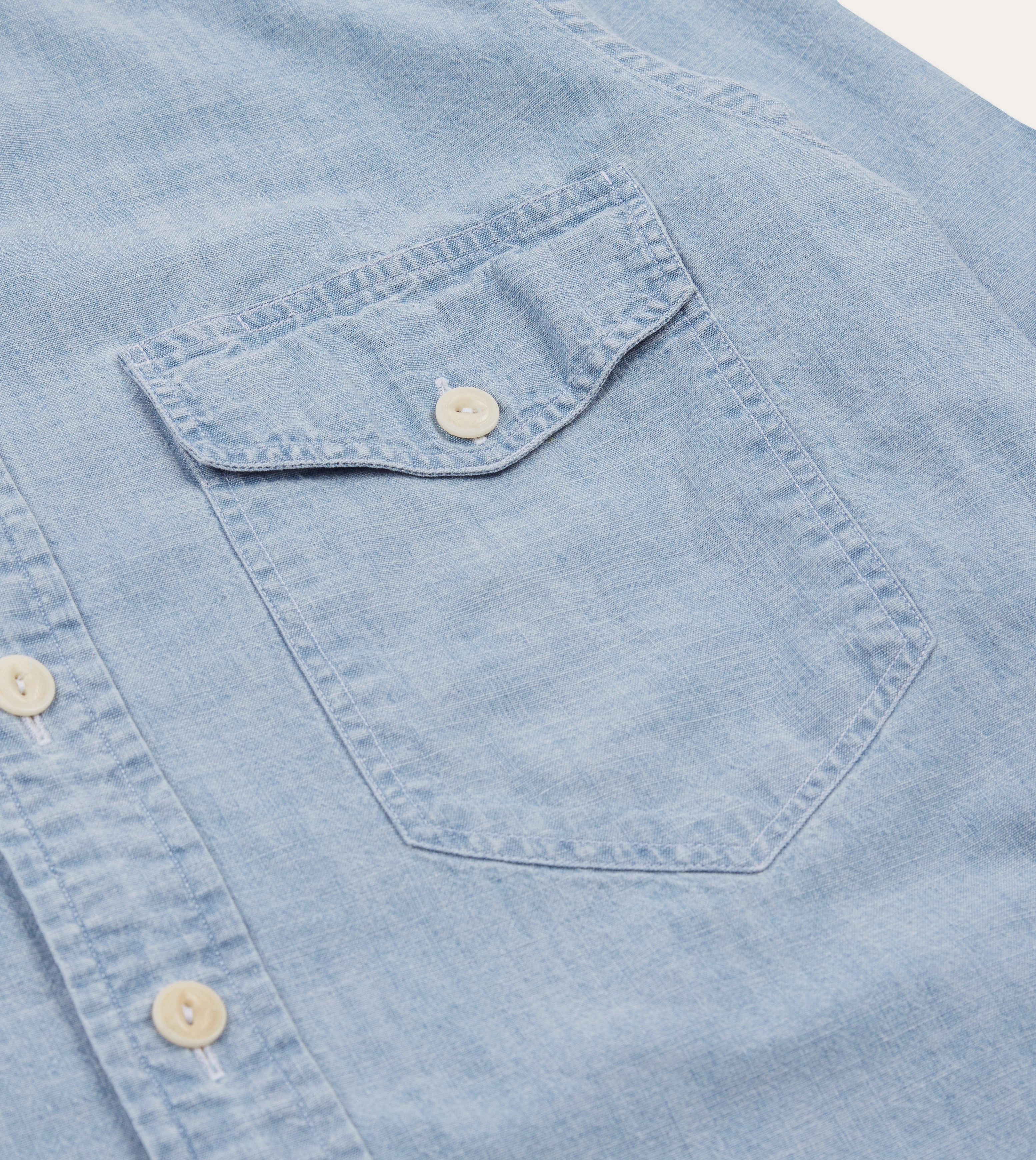 Year-Round Favorite Fitted Silhouette Blue Cotton Chambray Two-Pocket Work Shirt