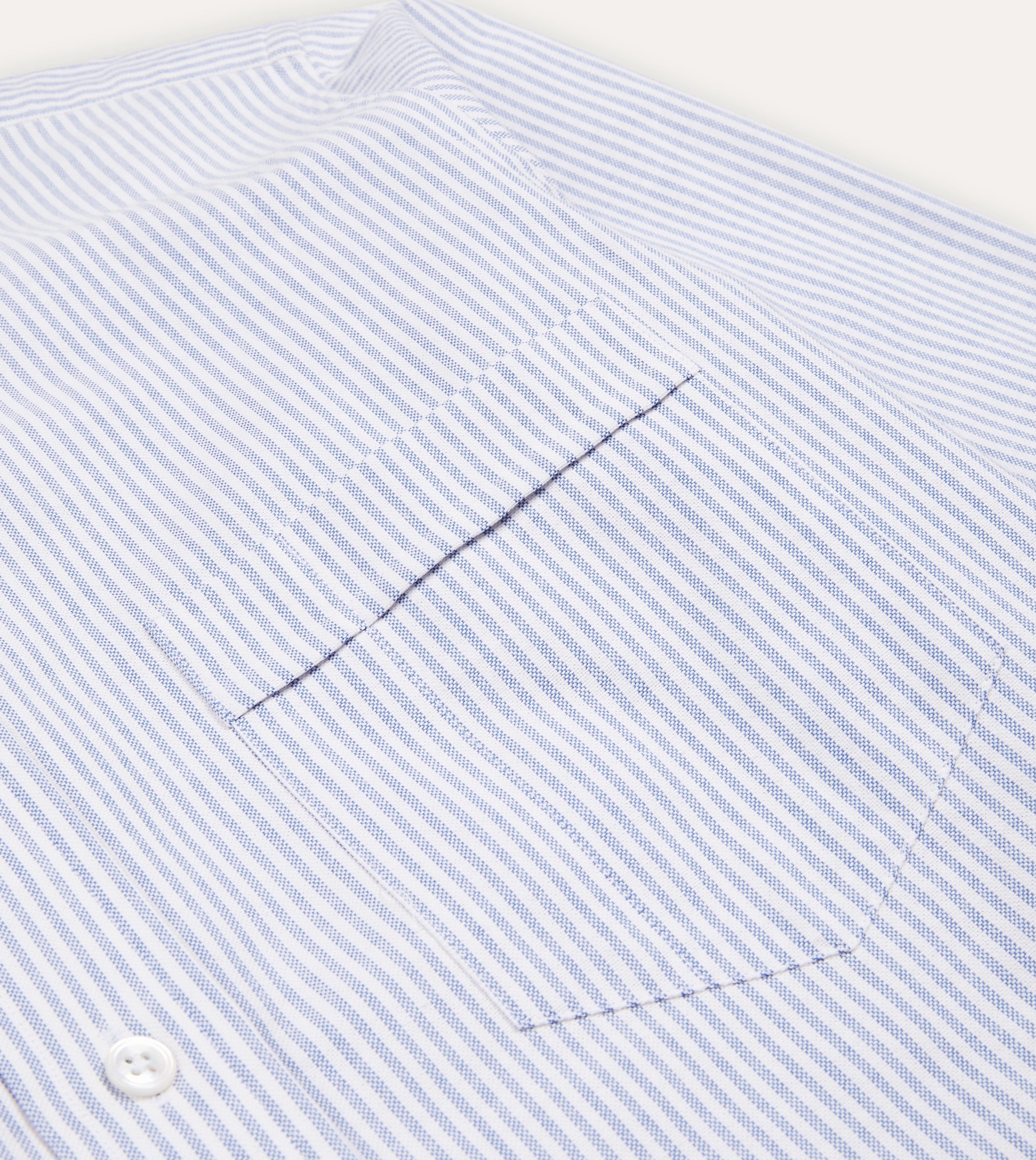 Blue Ticking Stripe Cotton Oxford Cloth Button-Down Shirt High Neck