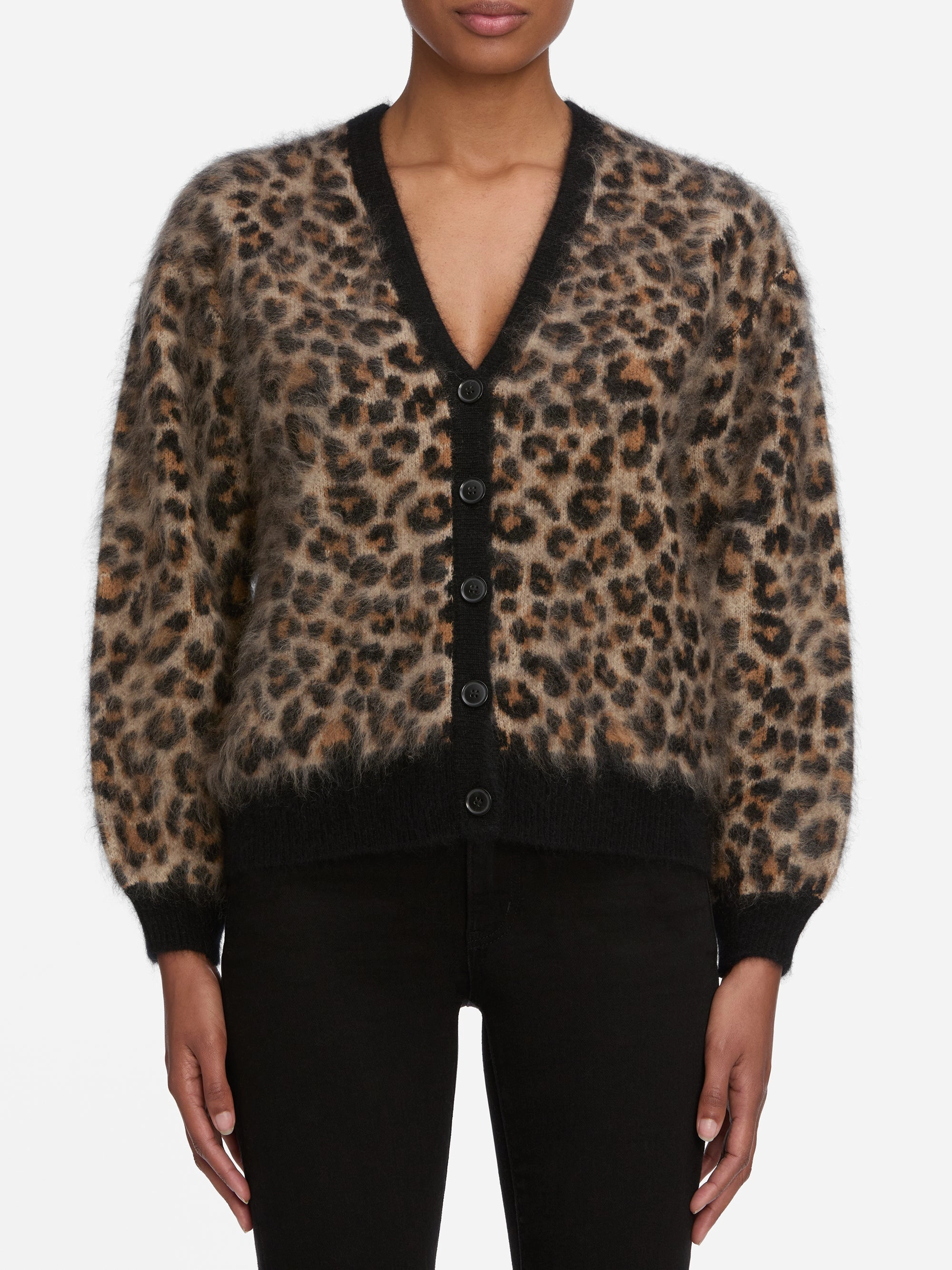 The Brushed Leopard Cardi -- Leopard High Neckline Non Irritating Seams