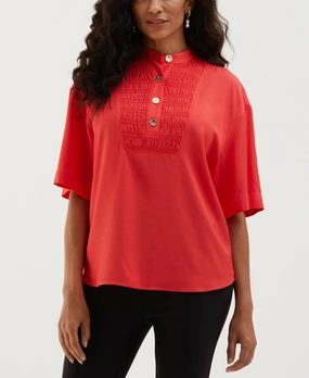 Slim Waist Smocked Banded Collar Top