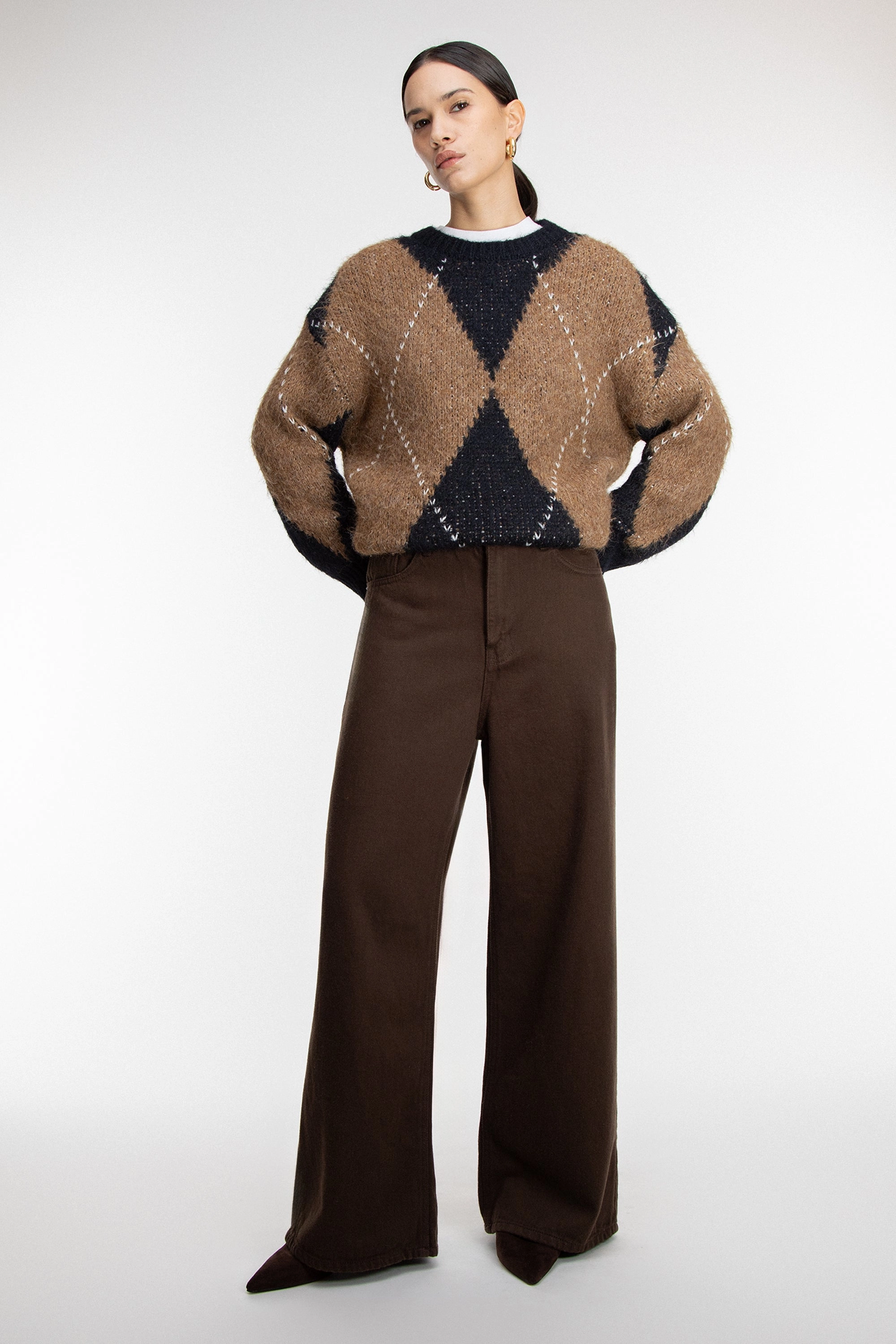 Simple and Cozy SecureZipperClosures BROWN TWILL WIDE LEG PANT