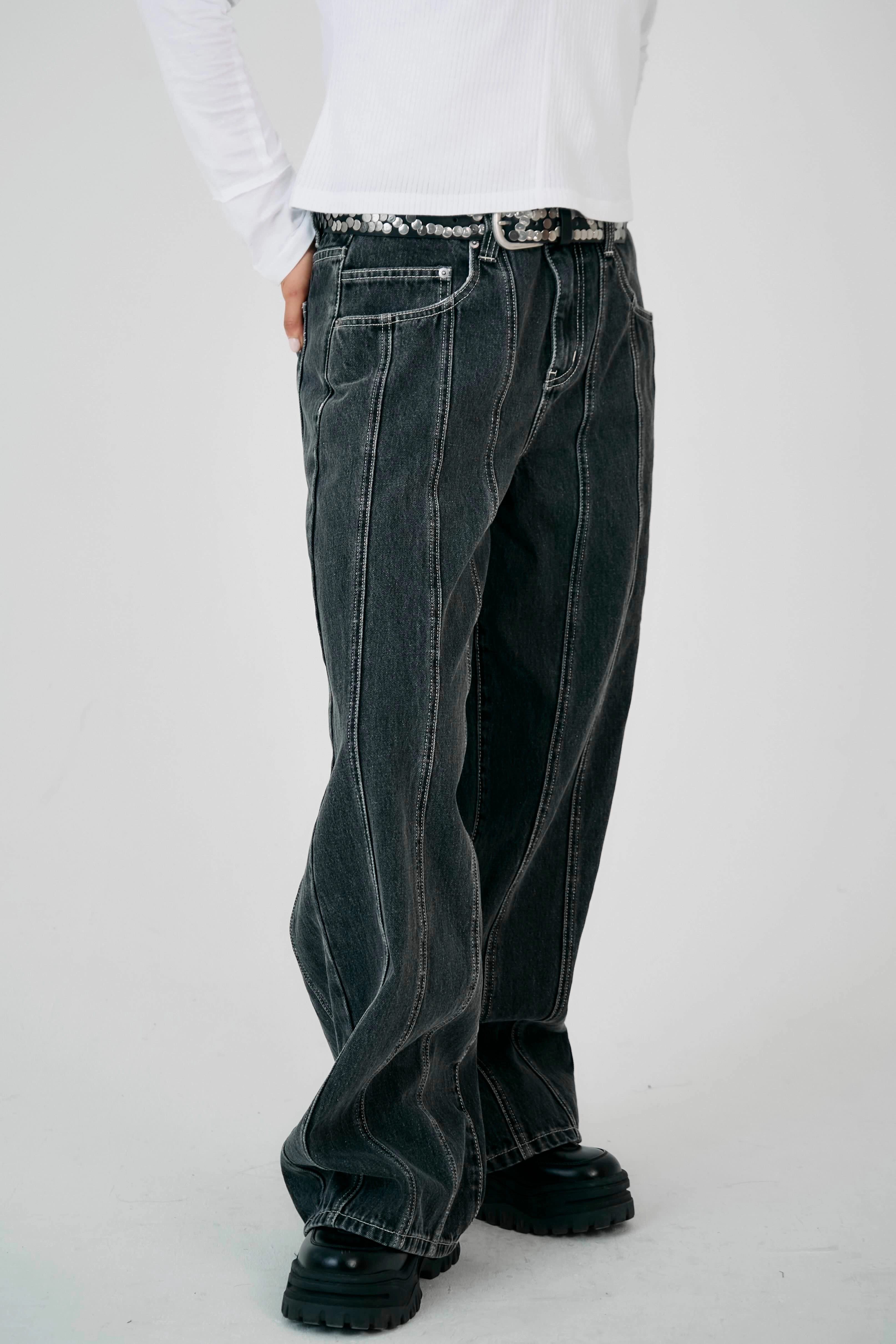 Grey Rinse Panel Seam Jeans Street Style