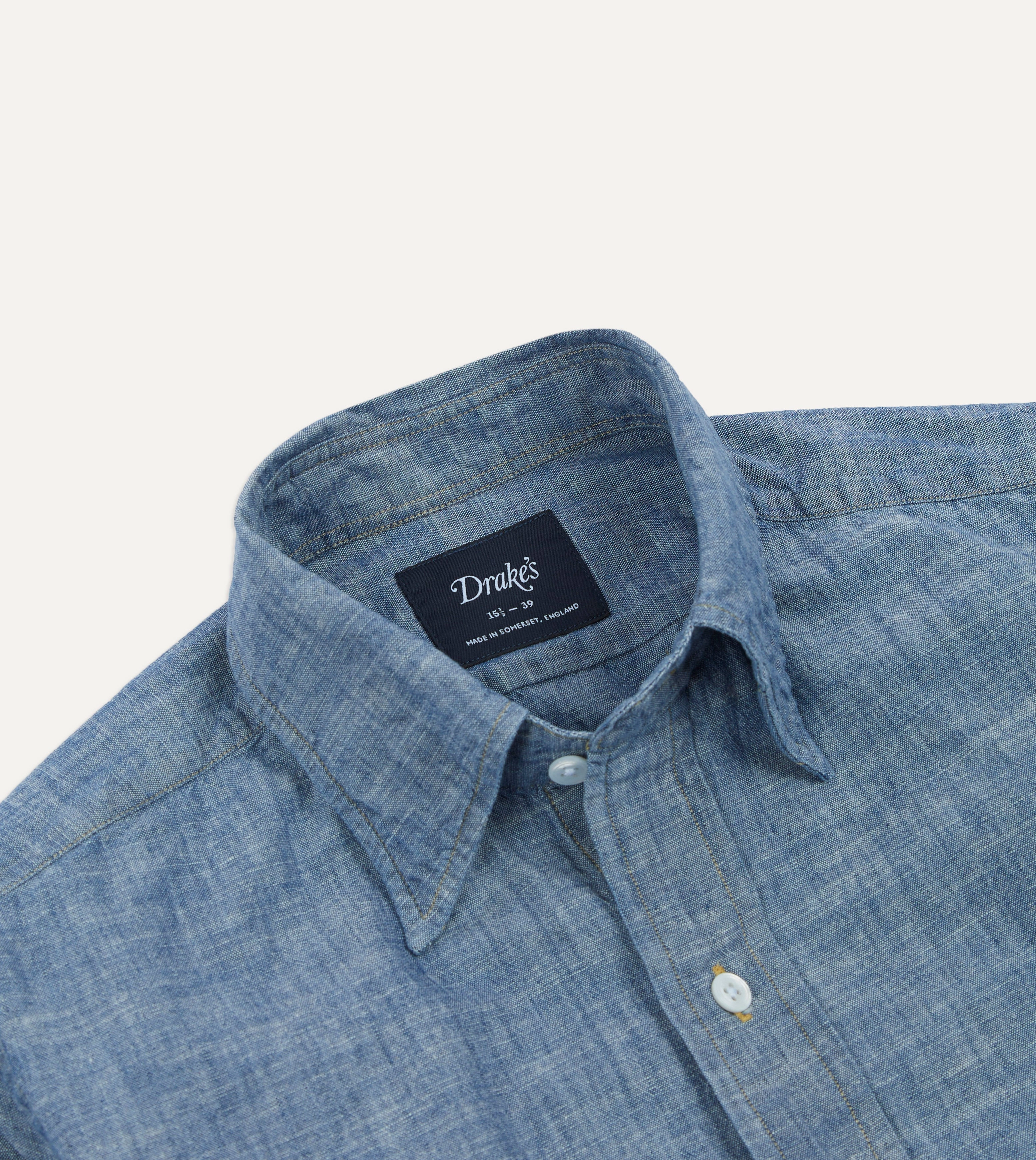 Blue Chambray Long Point Collar Shirt Checkered Style Casual Wear