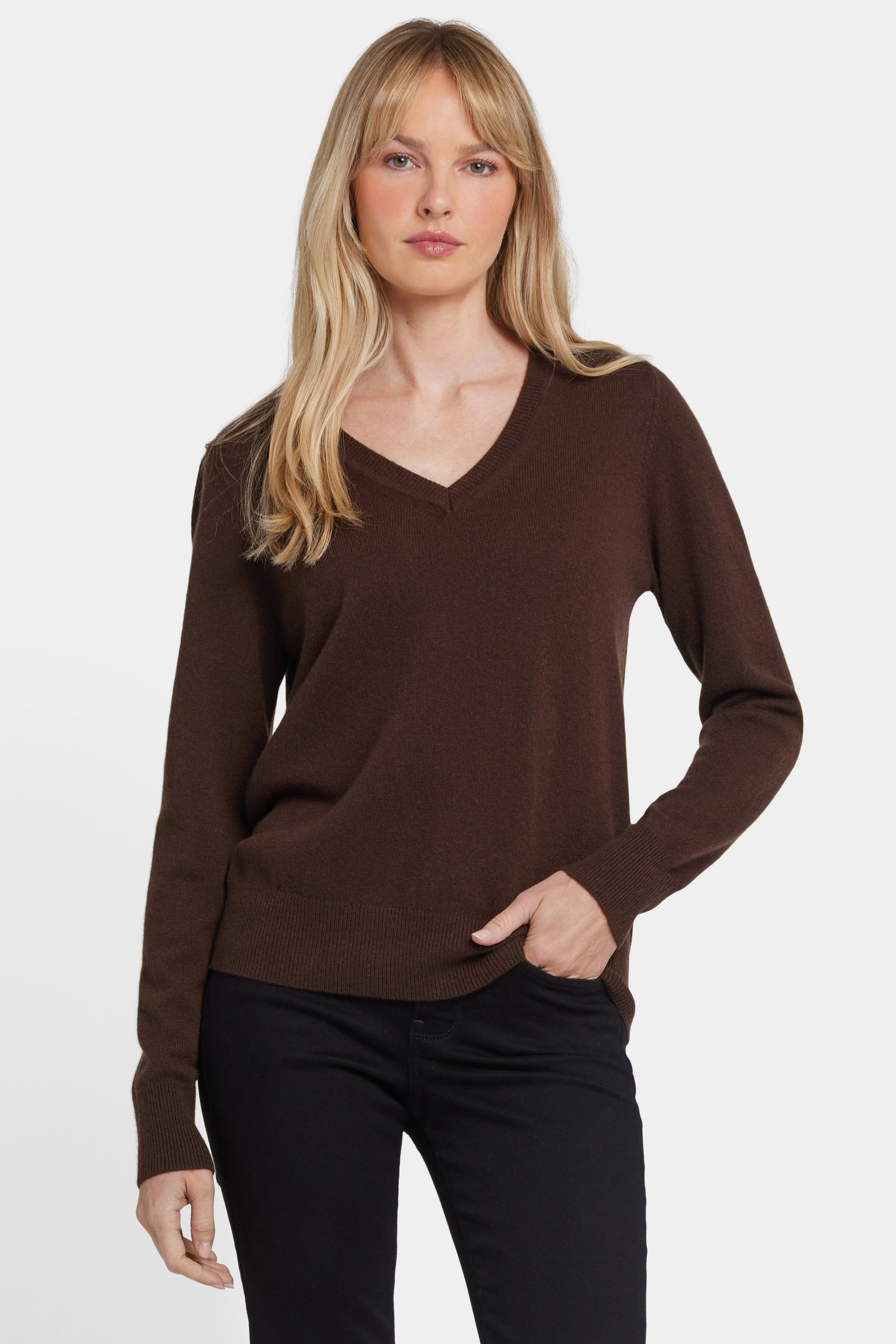 Cashmere Classic V-Neck Sweater - Brown Flexible Waistband