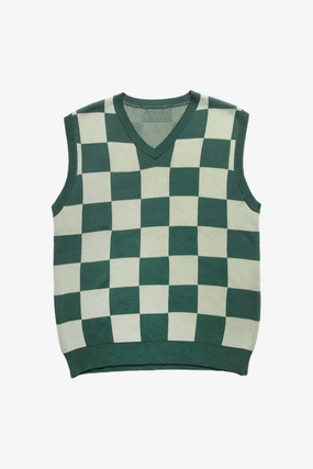 Service Works - Checkerboard Knitted Vest - Green Layered Look Flexible Design Fit