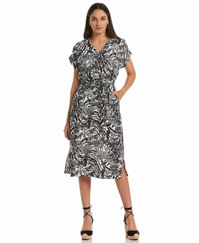 Allergen Free Processing Fashion Knit Layer Zebra Print V-neck Midi Dress with Self Fabric Tie