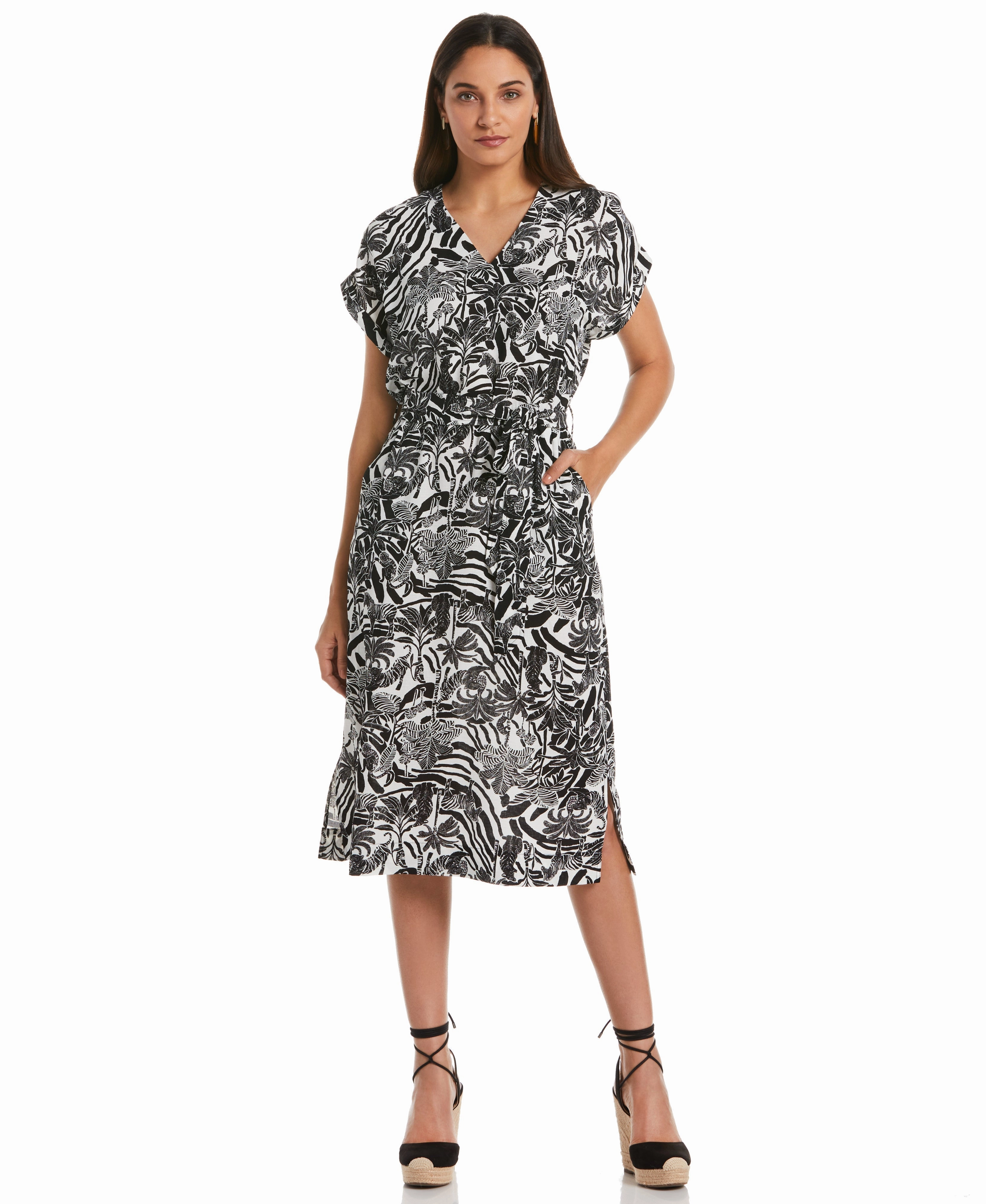Zebra Print V-neck Midi Dress with Self Fabric Tie Fray Resistant Edges