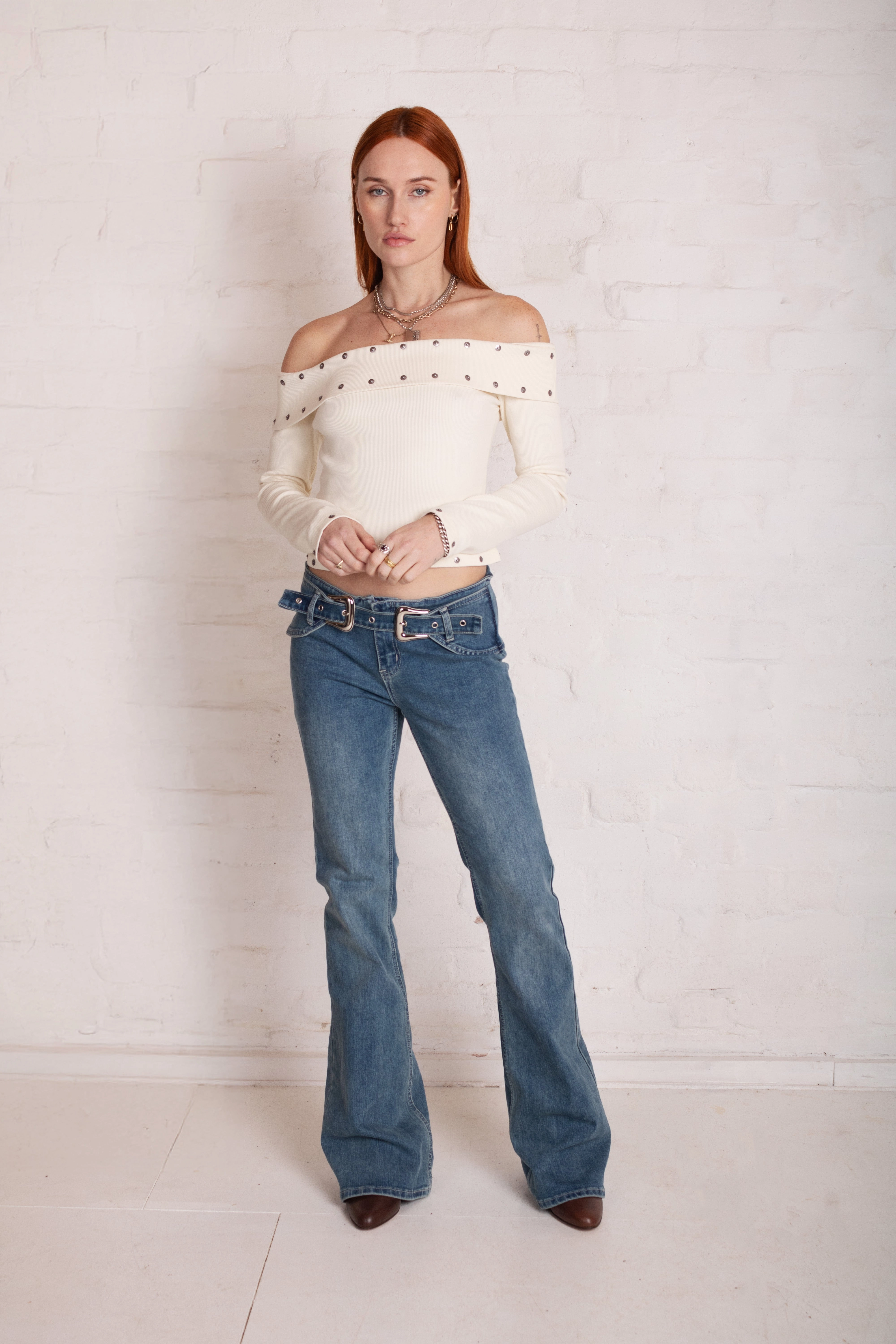 Charlie Western Buckle Flare Jeans Perfectly Fitted Neutral Style