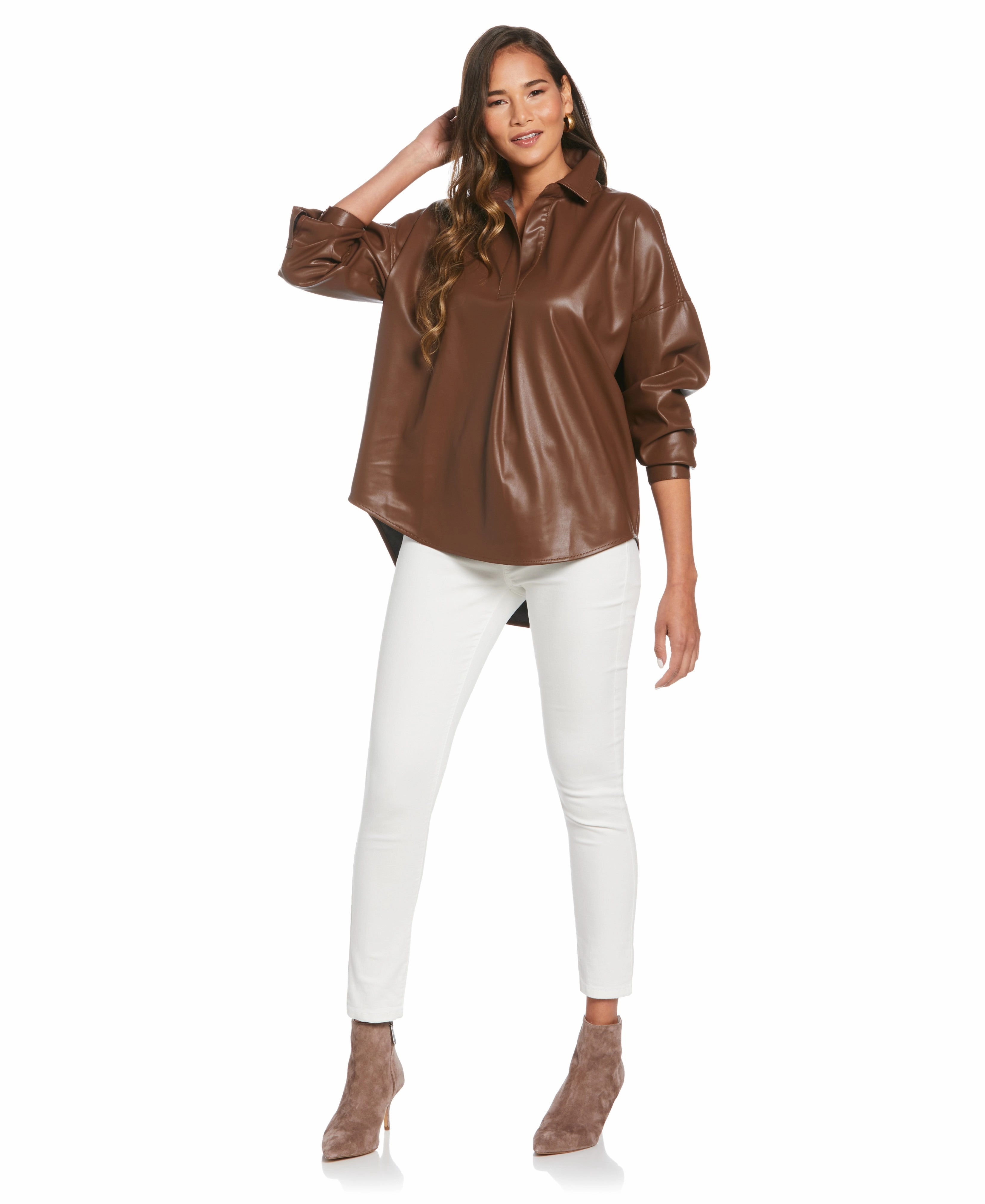 Vegan Leather Popover Top Classic Knit Design