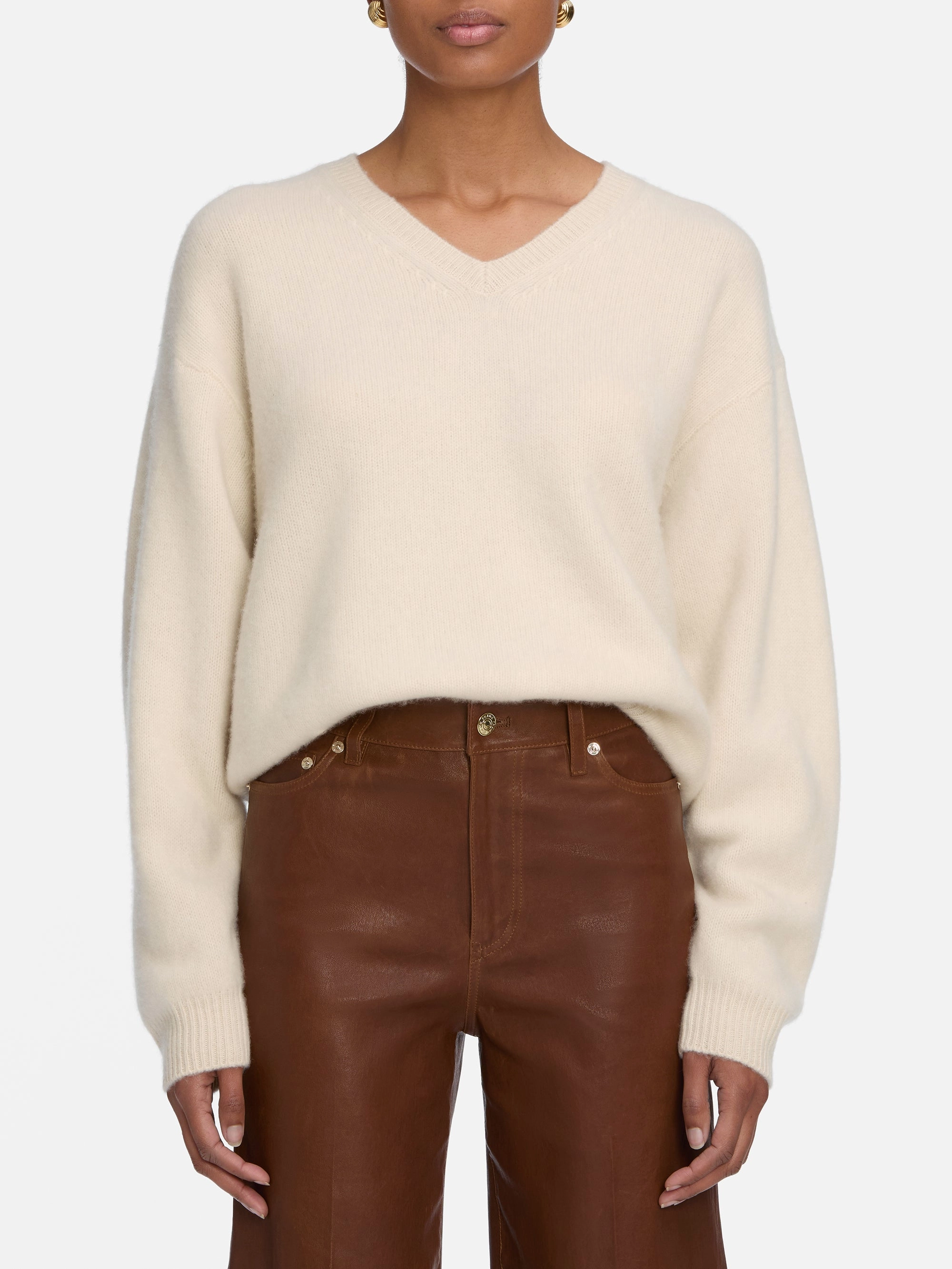 The Cashmere Brushed V Sweater -- Cream simple design