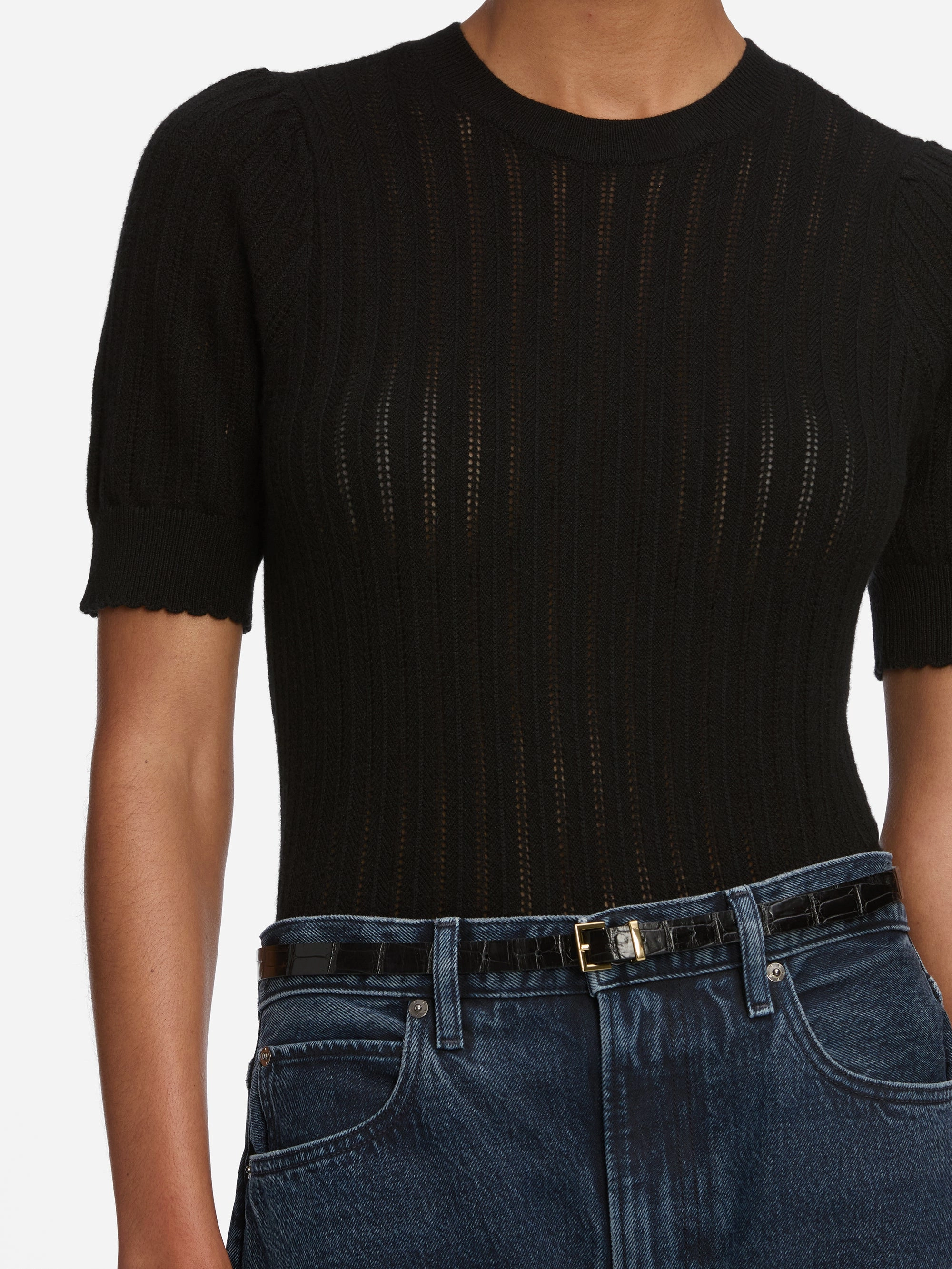 Quick Knit Relaxed Comfort Fit The Ladder Pointelle Sweater -- Black