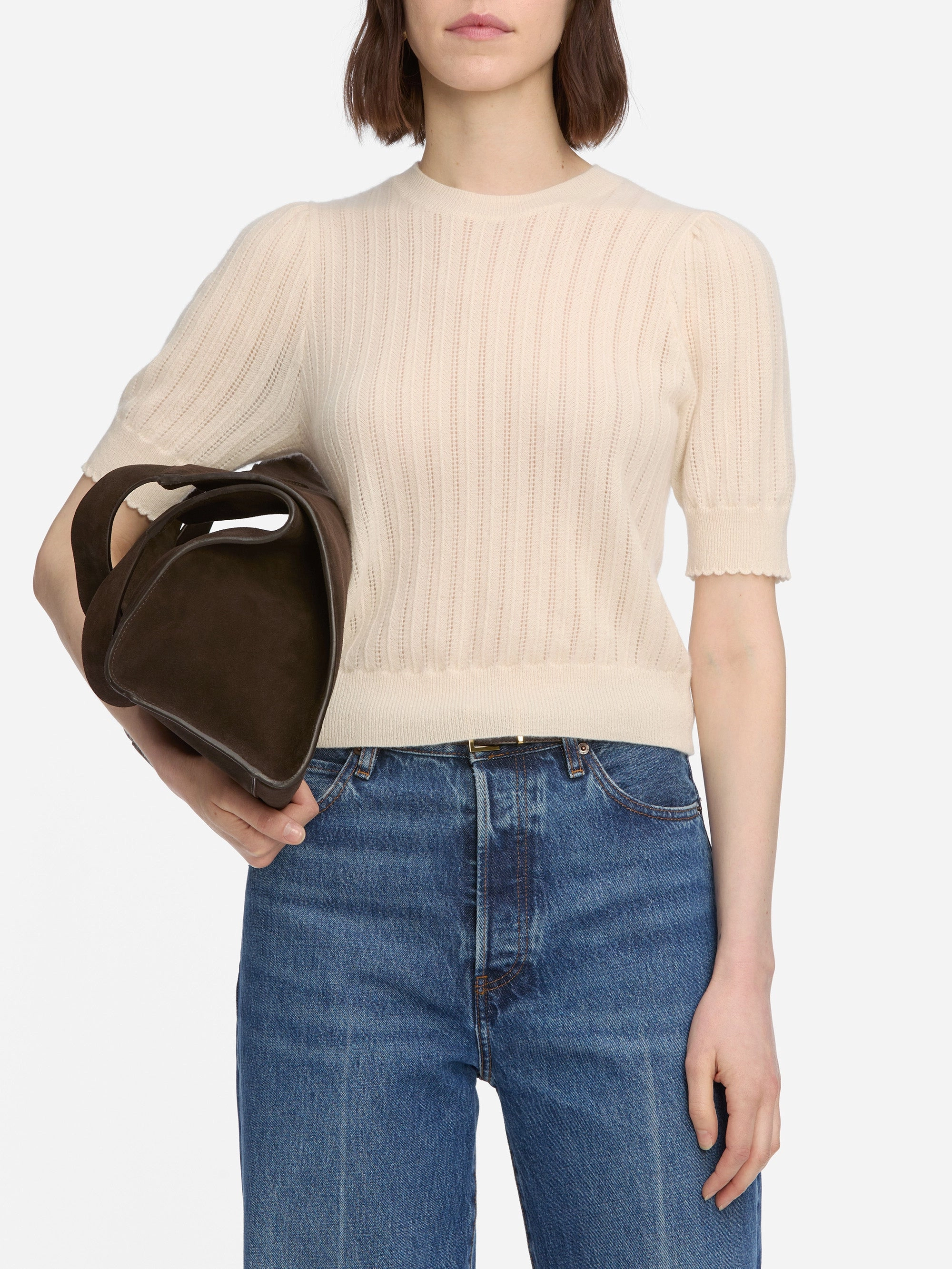 Comfortable Stretch Comfy Waistband The Ladder Pointelle Sweater -- Cream