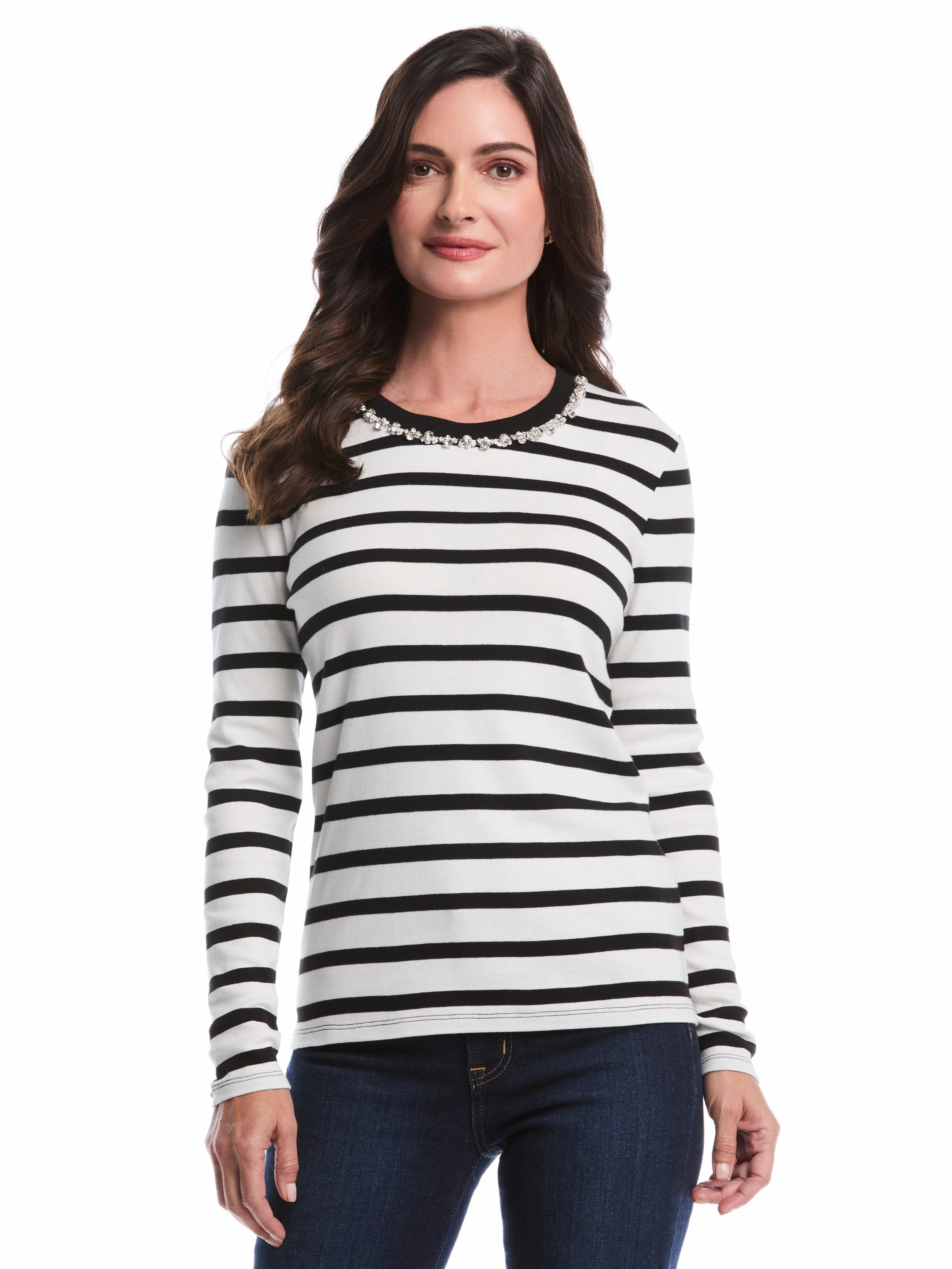 Comfy Knit Outfit Stretch Comfort Petite Striped Print Embellished Neck Top