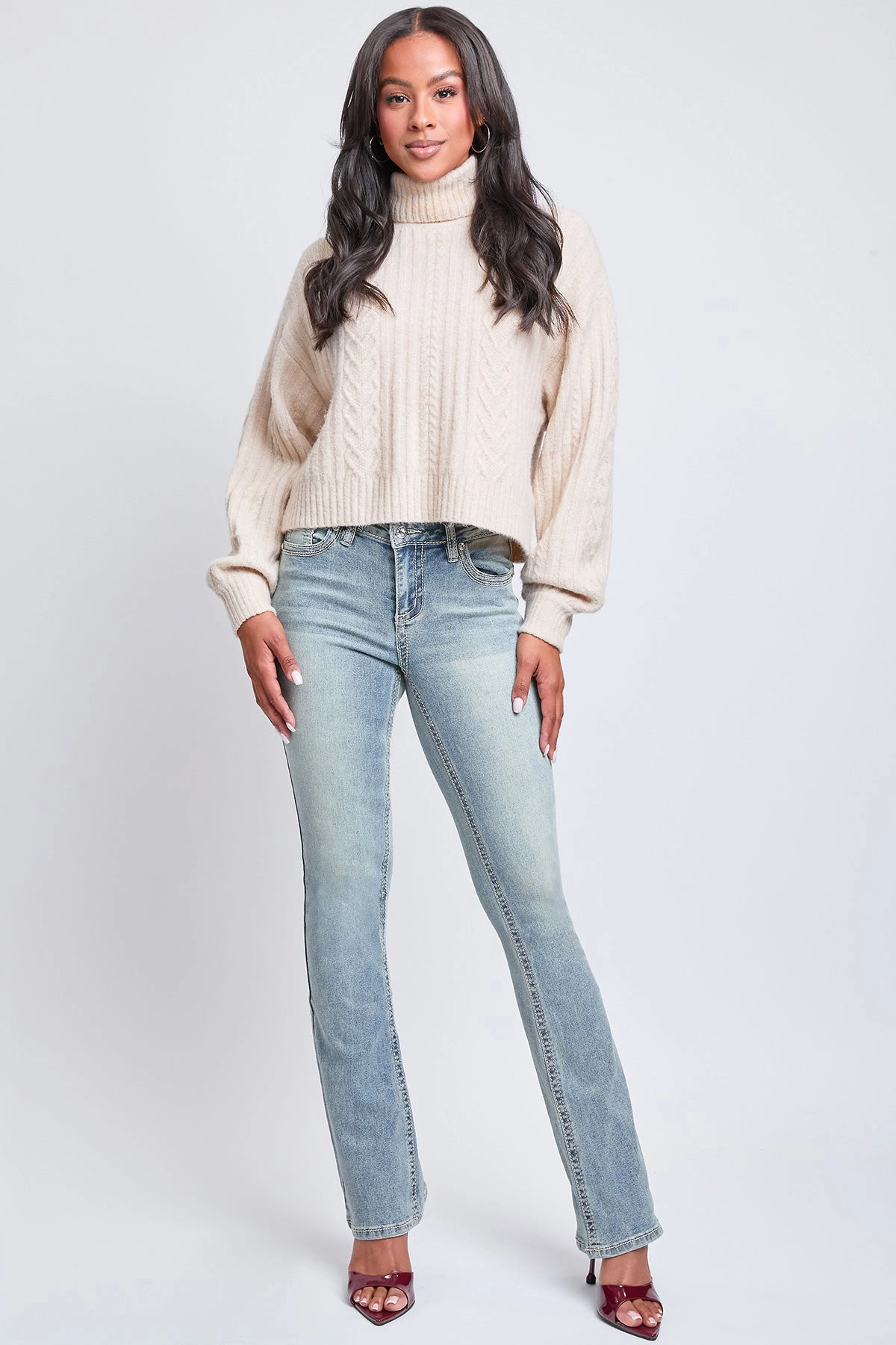 Women's Mid Rise Heavy Stitch Bootcut Loop Studded Jeans Always Stylish Spring Mood Affordable