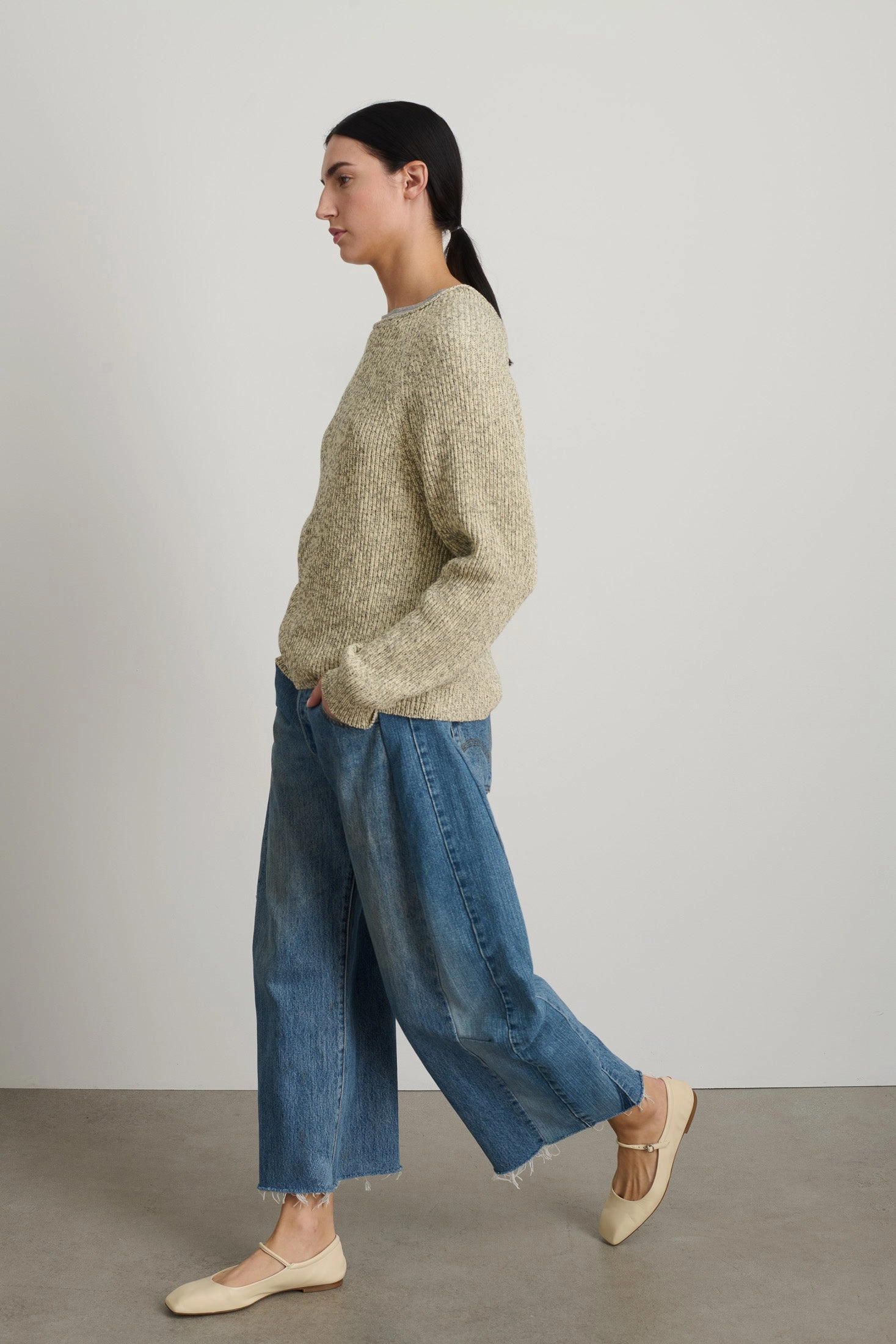 Roll Neck Shaker Stitch Pullover Ecru / Black Comfort Stretch Chilly Weather Wear