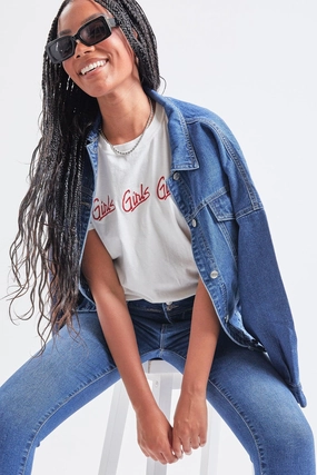 Layer Up Style Fleece Backing Women's 80's Style Denim Jacket With Elastic Hem