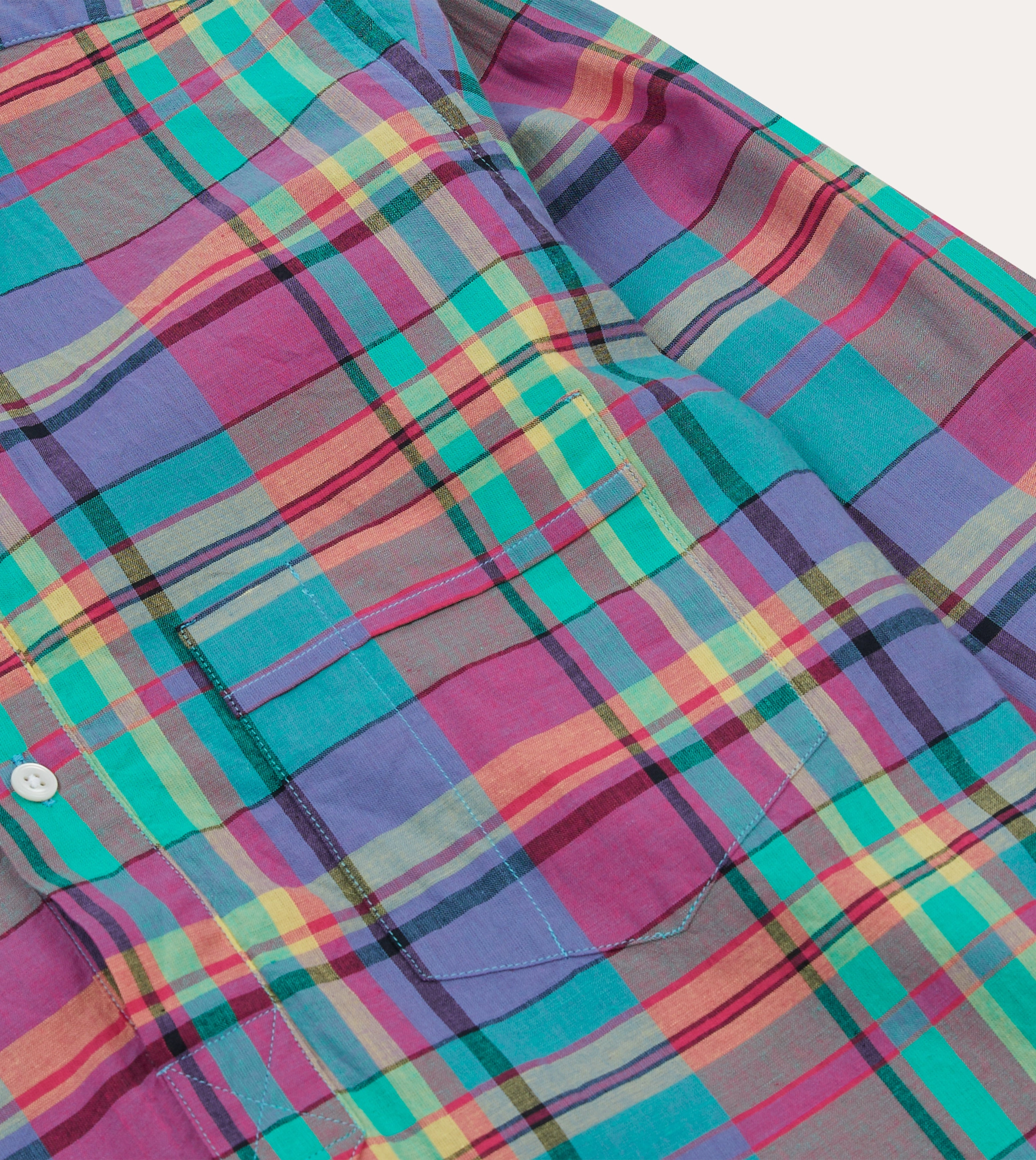 Pink and Blue Madras Check Cotton Button-Down Popover Shirt Tailored Style Teen Fashion