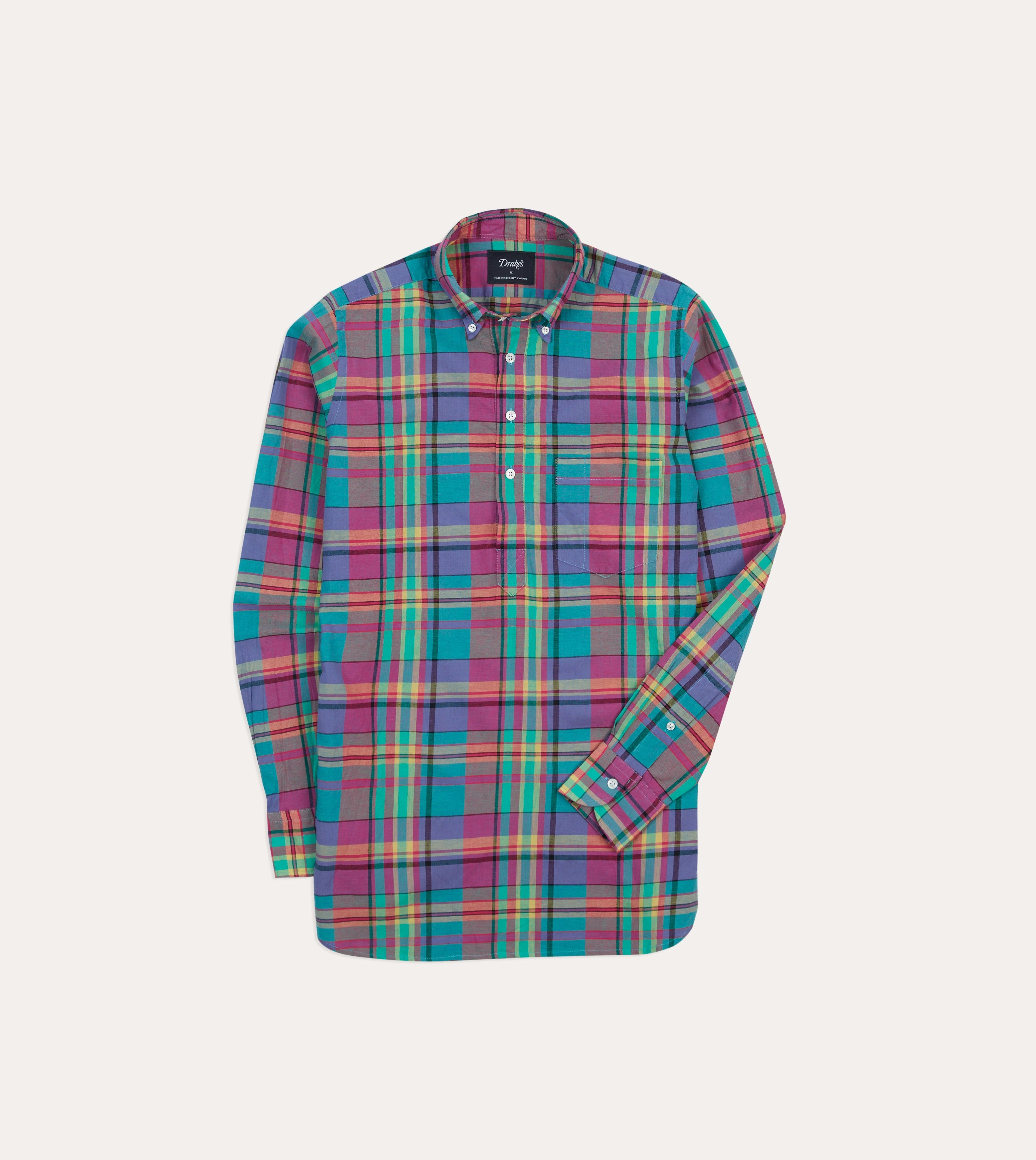 Pink and Blue Madras Check Cotton Button-Down Popover Shirt Seasonal Wear stain resistant coating