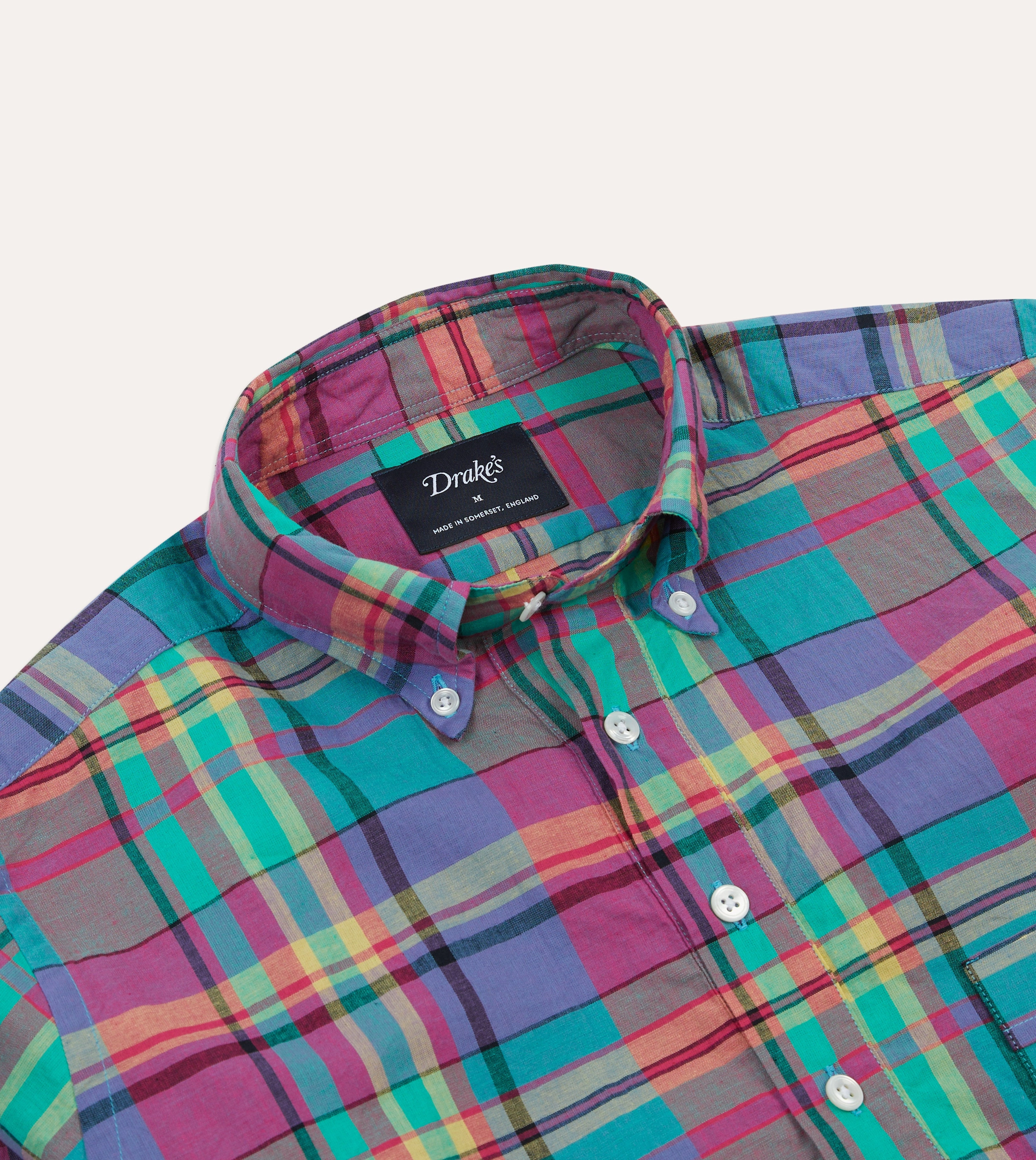 Workwear Style Sporty Look Pink and Blue Madras Check Cotton Button-Down Popover Shirt