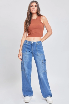 Layered Look Women's Cargo Jeans with Bungee Hem