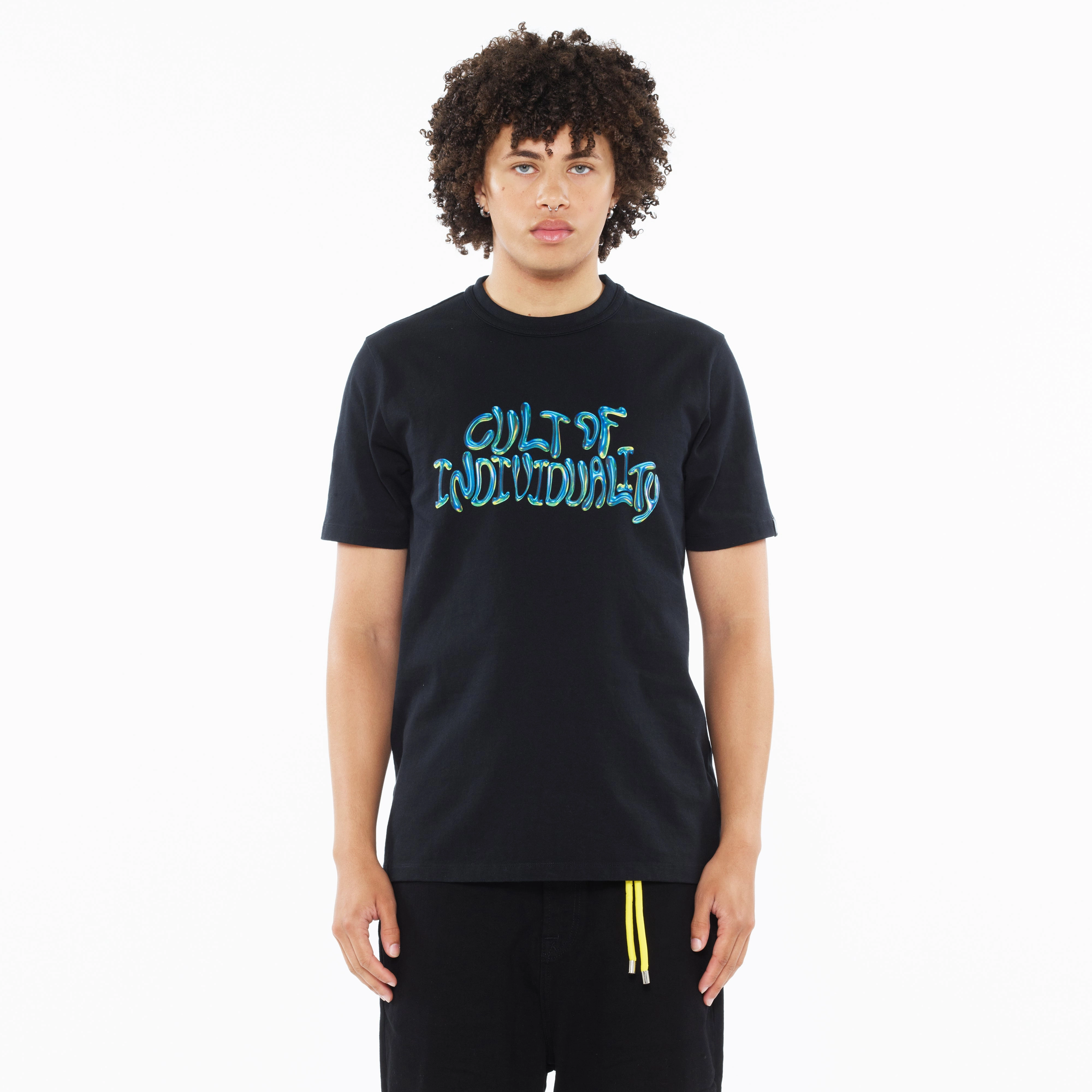Cult's Heavyweight Short Sleeve Crew Neck Tee "Bubble Logo" in Black Comfy Choice