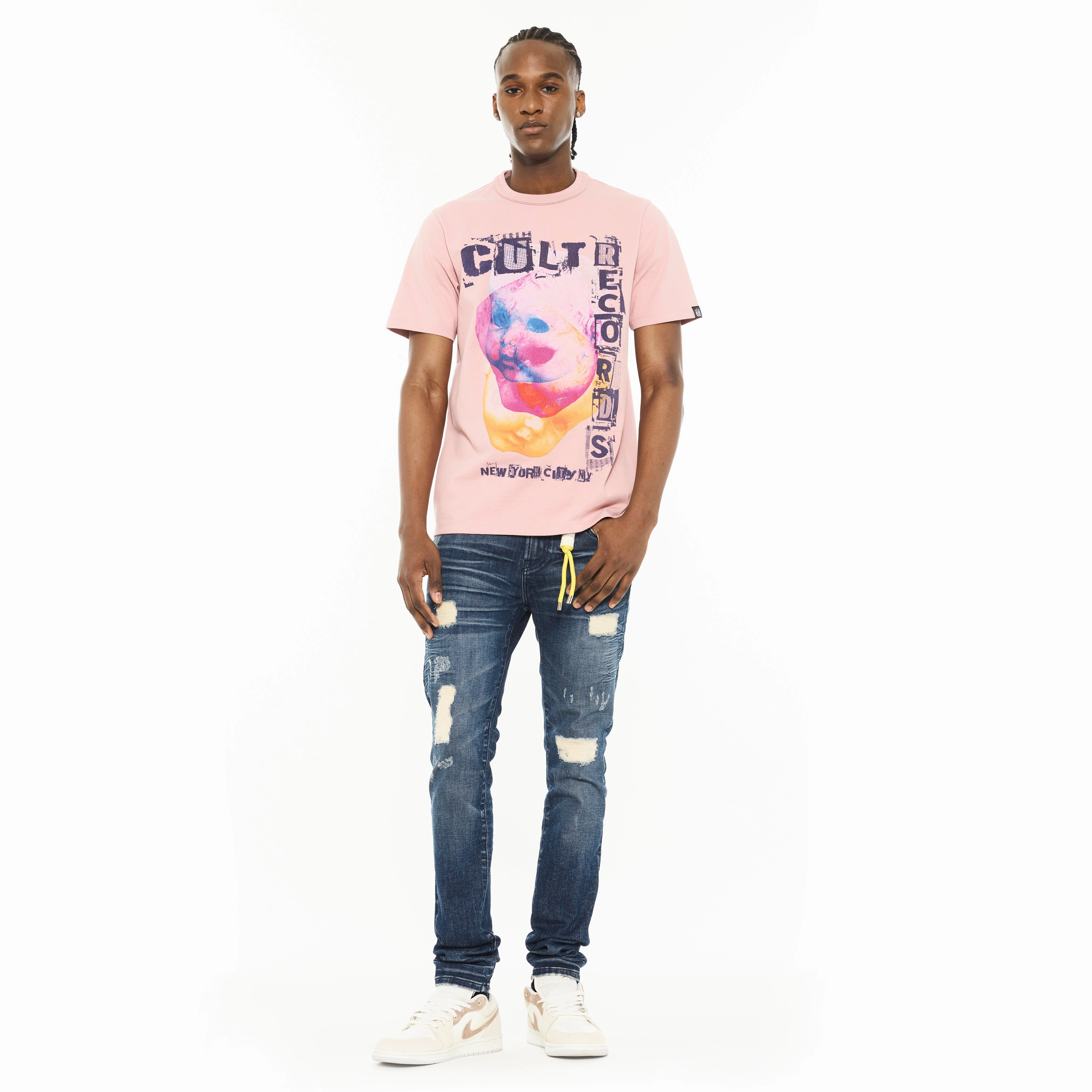 Yarn Dyed Fabric Cult's Heavyweight Short Sleeve Crew Neck Tee "Cult Records" in Silver Pink