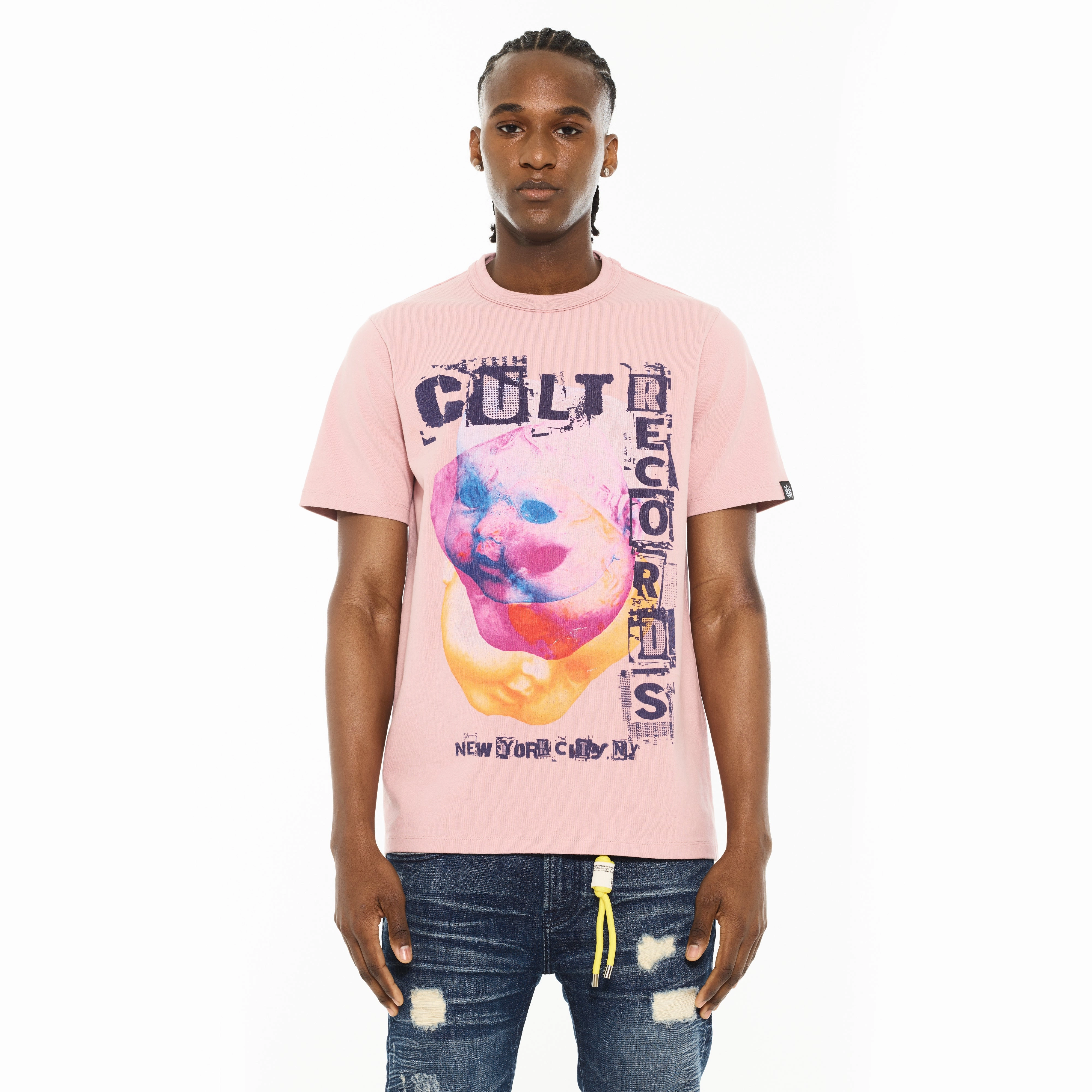 Cult's Heavyweight Short Sleeve Crew Neck Tee "Cult Records" in Silver Pink Luxurious