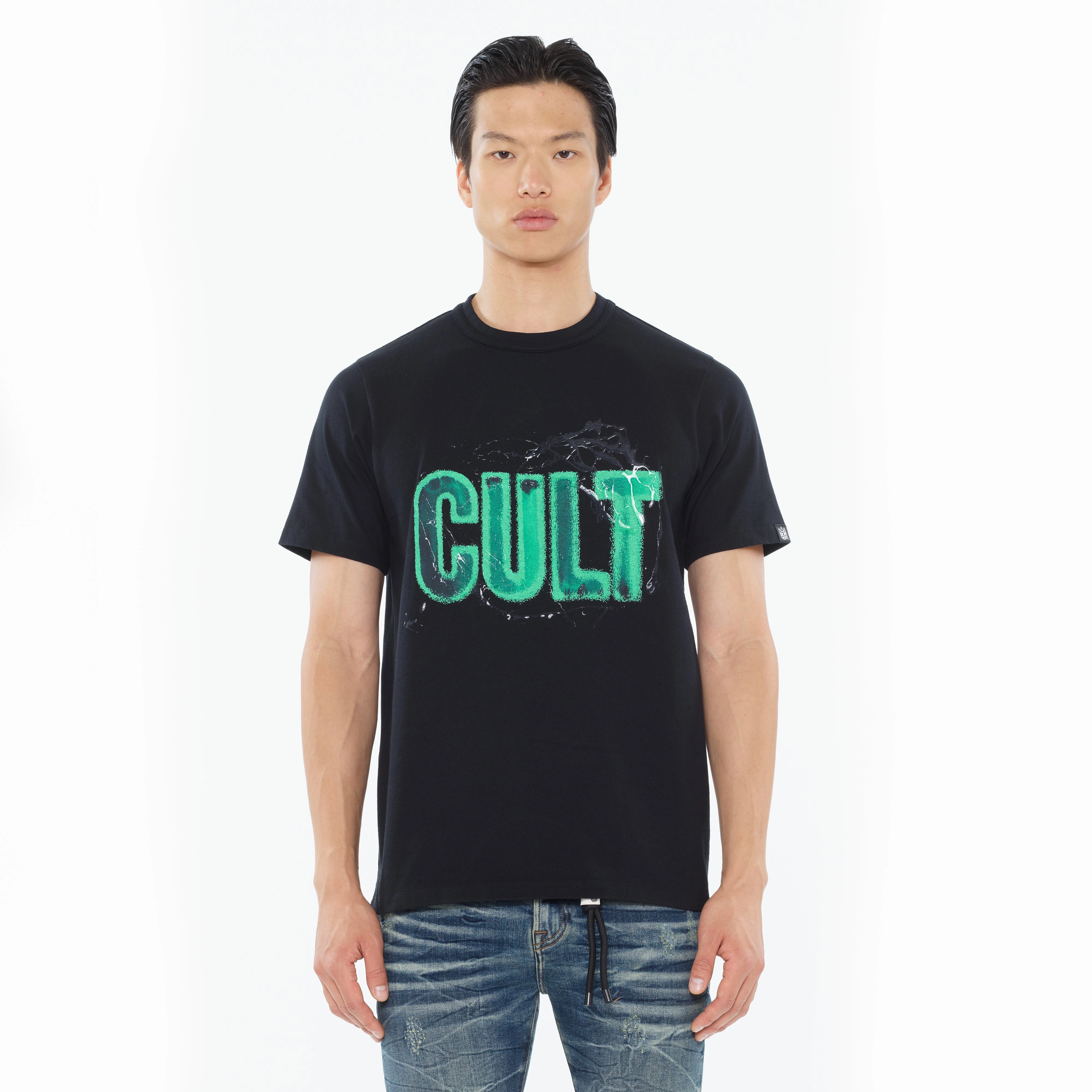 Cult's Heavyweight Short Sleeve Crew Neck Tee "Glow In The Dark Logo" in Black AdvancedMoistureManagement