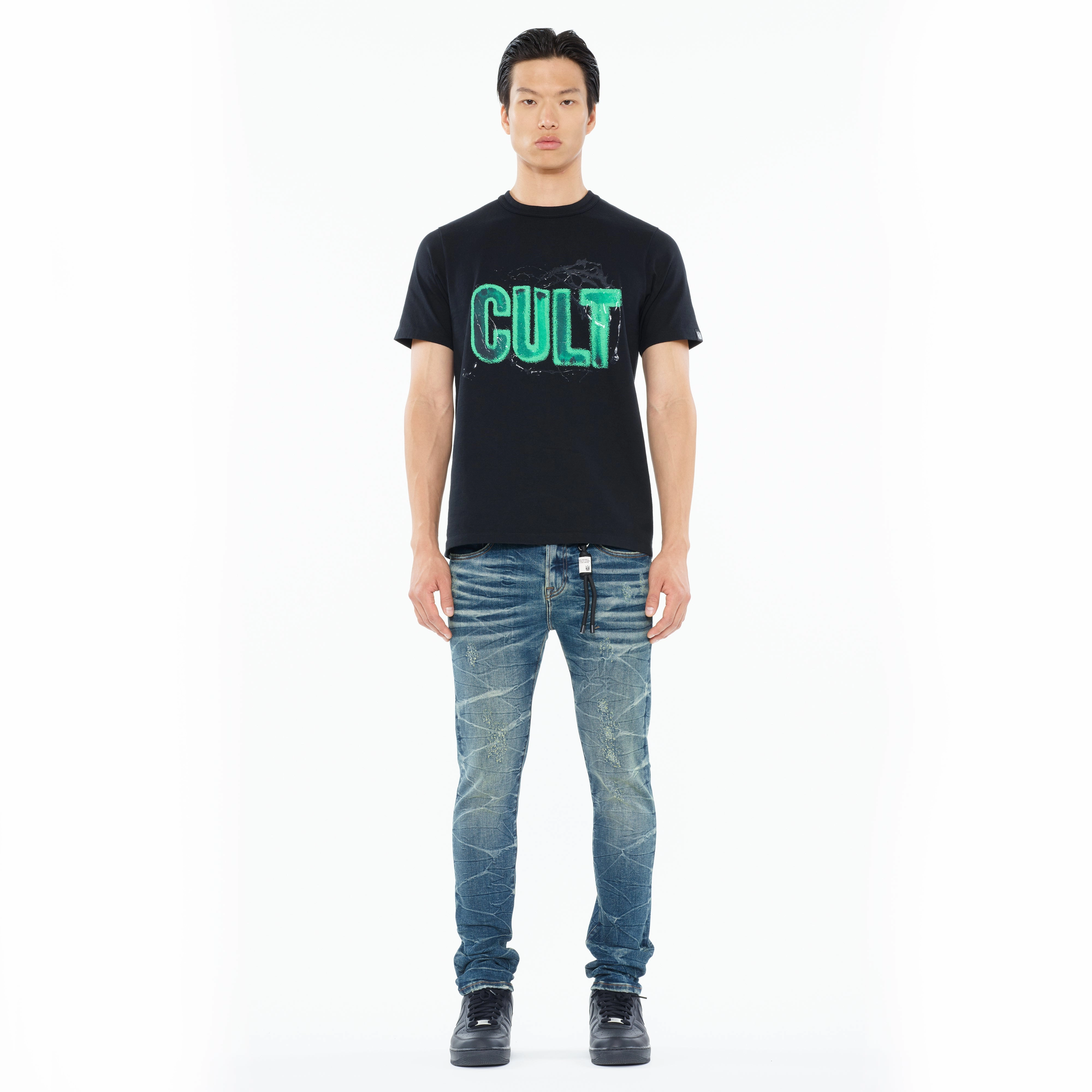 Cult's Heavyweight Short Sleeve Crew Neck Tee "Glow In The Dark Logo" in Black Boat neck style Cotton Blend